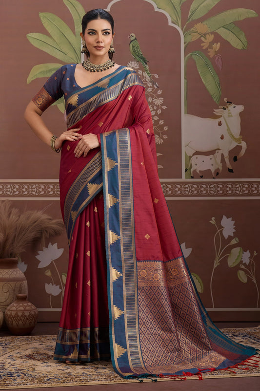 Red Woven Tussar Silk Saree-SAR11205_1_SareeButa.com