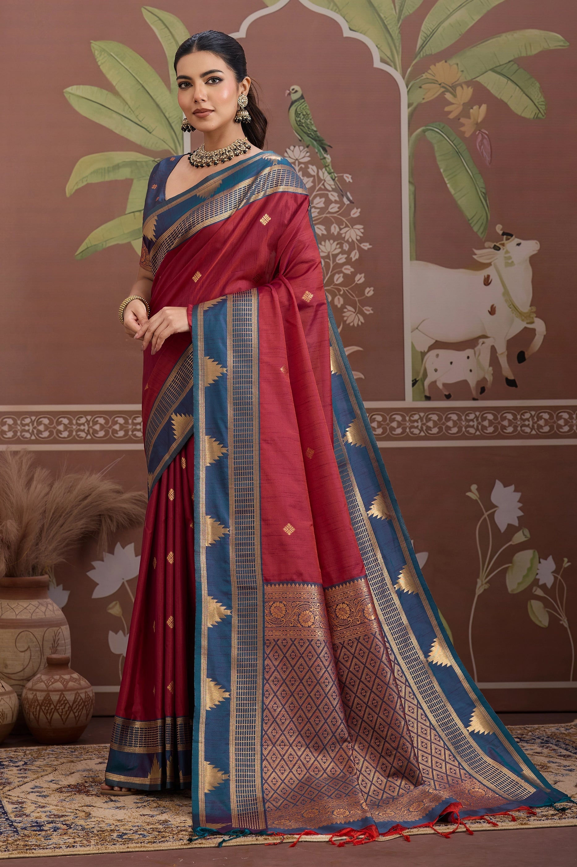 Red Woven Tussar Silk Saree-SAR11205_3_SareeButa.com