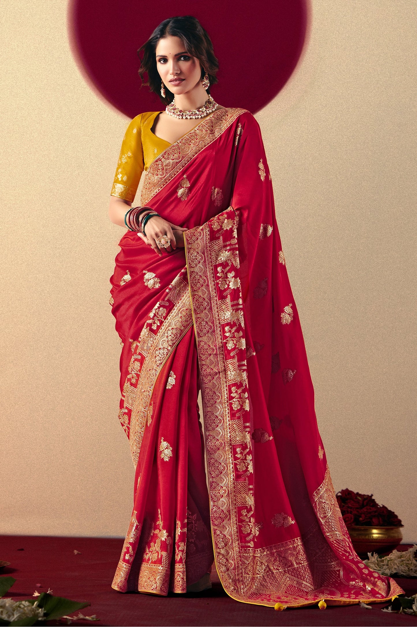Red Woven Viscose Silk Saree With Brocade Blouse-SAR10254_1_SareeButa.com