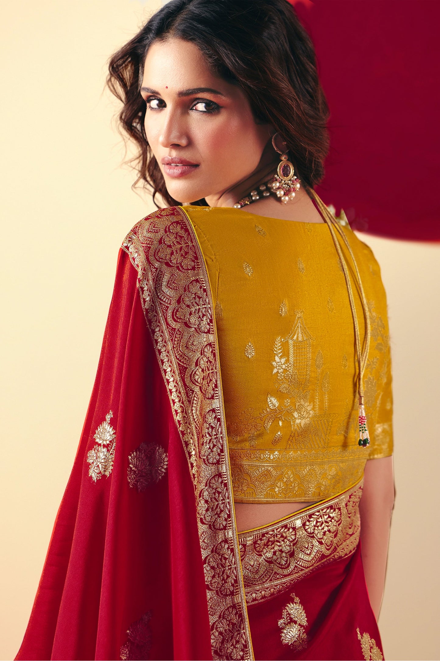 Red Woven Viscose Silk Saree With Brocade Blouse-SAR10254_4_SareeButa.com