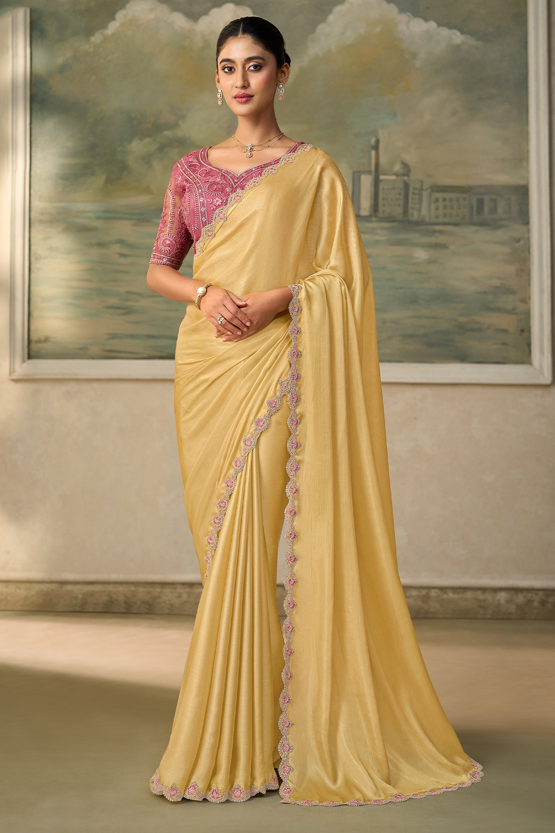 Rich Yellow Embroidered Chiffon Saree-SAR13175_1_SareeButa.com