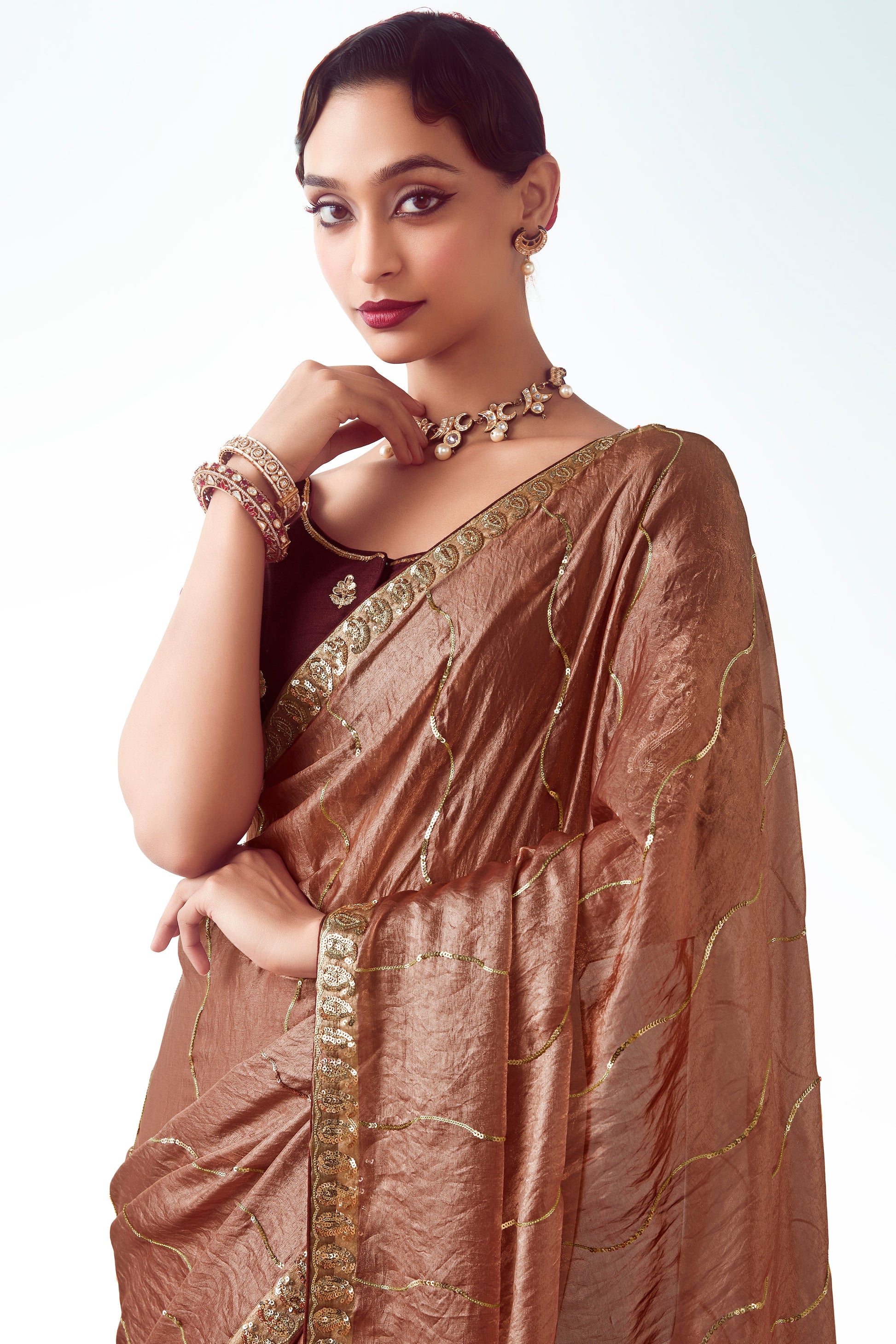 Rose Gold Embroidered Organza Saree-ZB134779_2_SareeButa.com