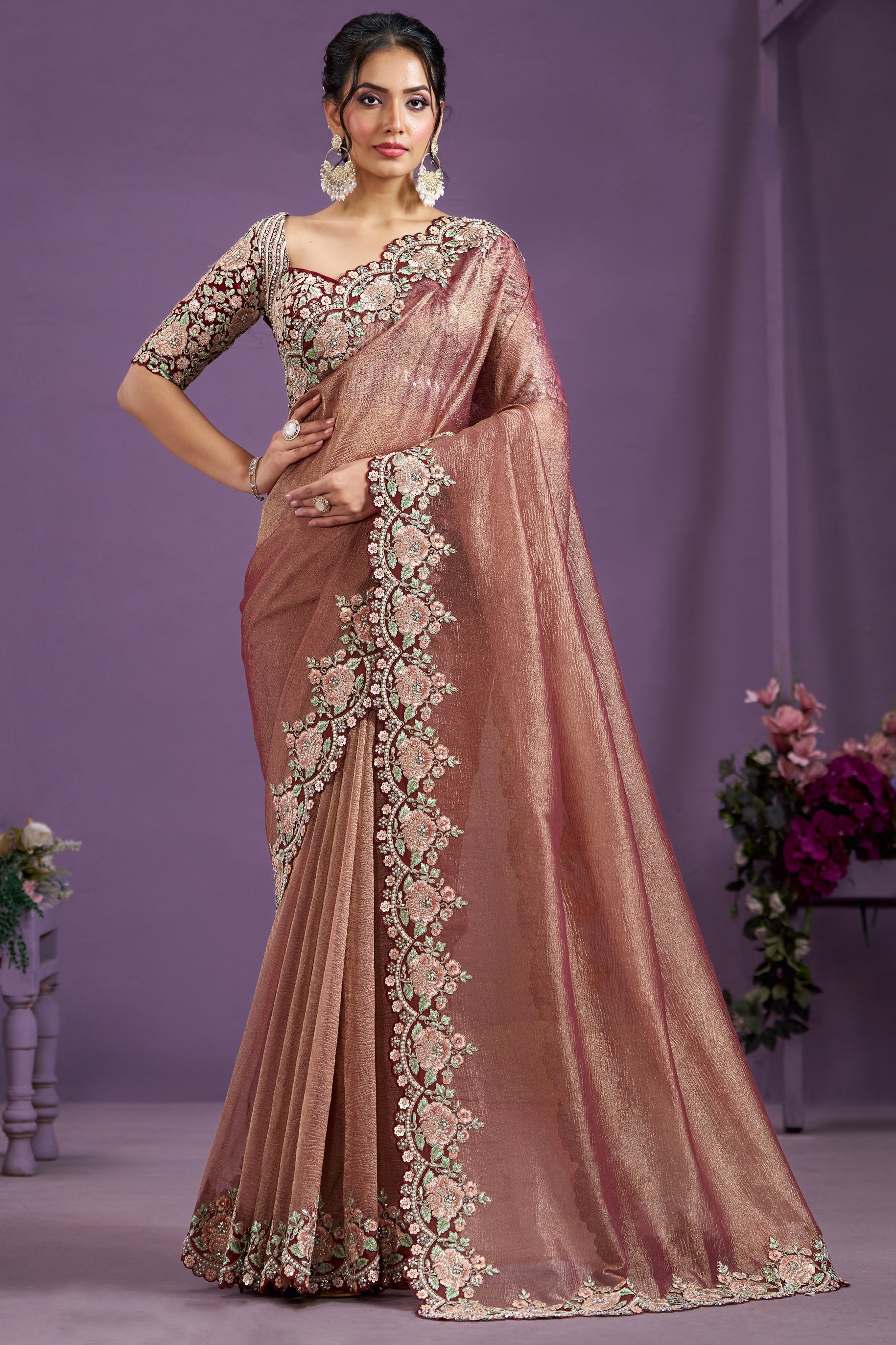 Rose Gold Embroidered Silk Saree-ZB133349_1_SareeButa.com