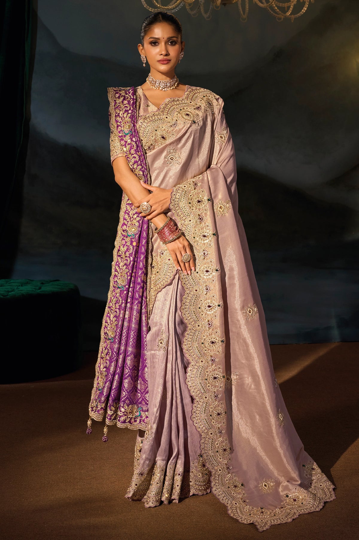 Rose Gold Embroidered Silk Saree With Dupatta-SAR13268_1_SareeButa.com