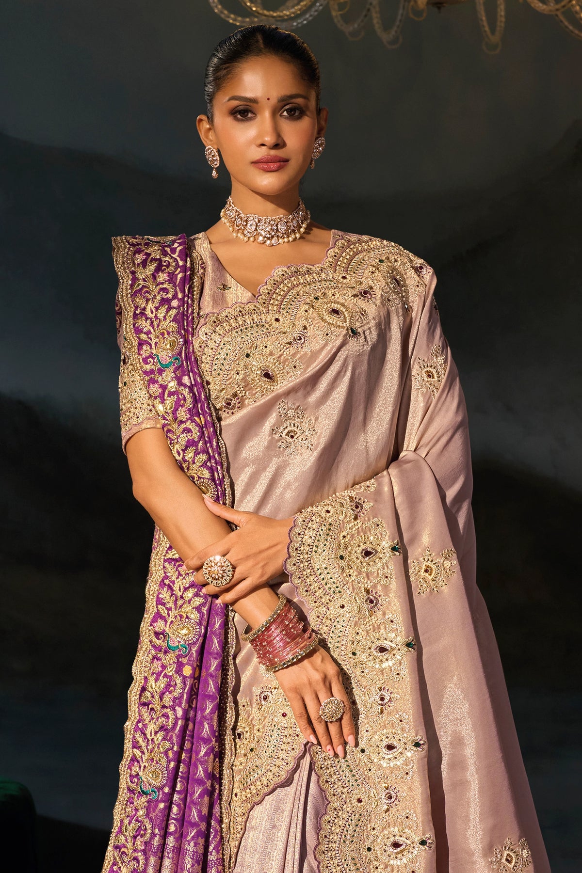 Rose Gold Embroidered Silk Saree With Dupatta-SAR13268_3_SareeButa.com