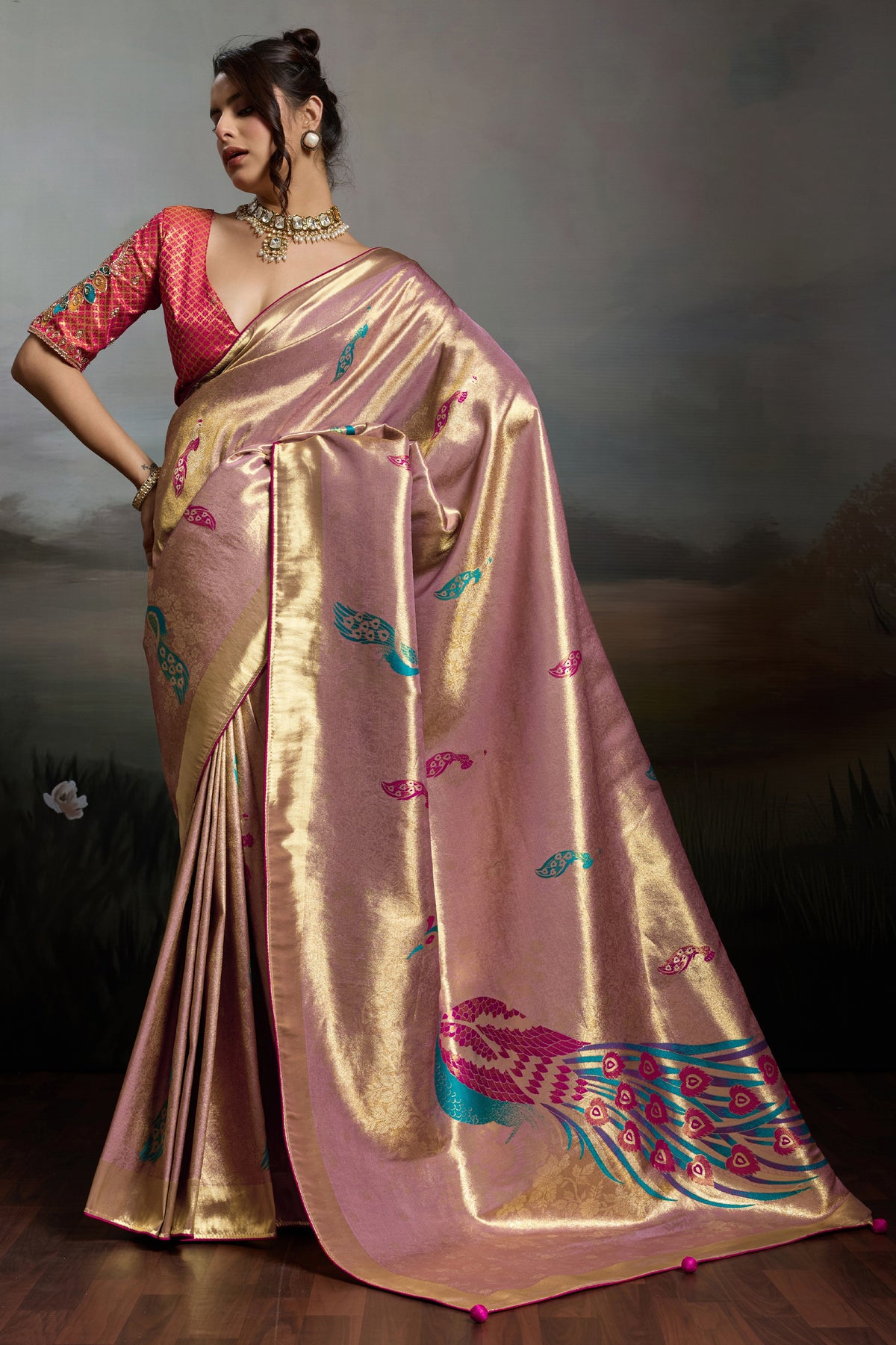 Rose Gold Metallic Woven Banarasi Saree-SAR12929_1_SareeButa.com