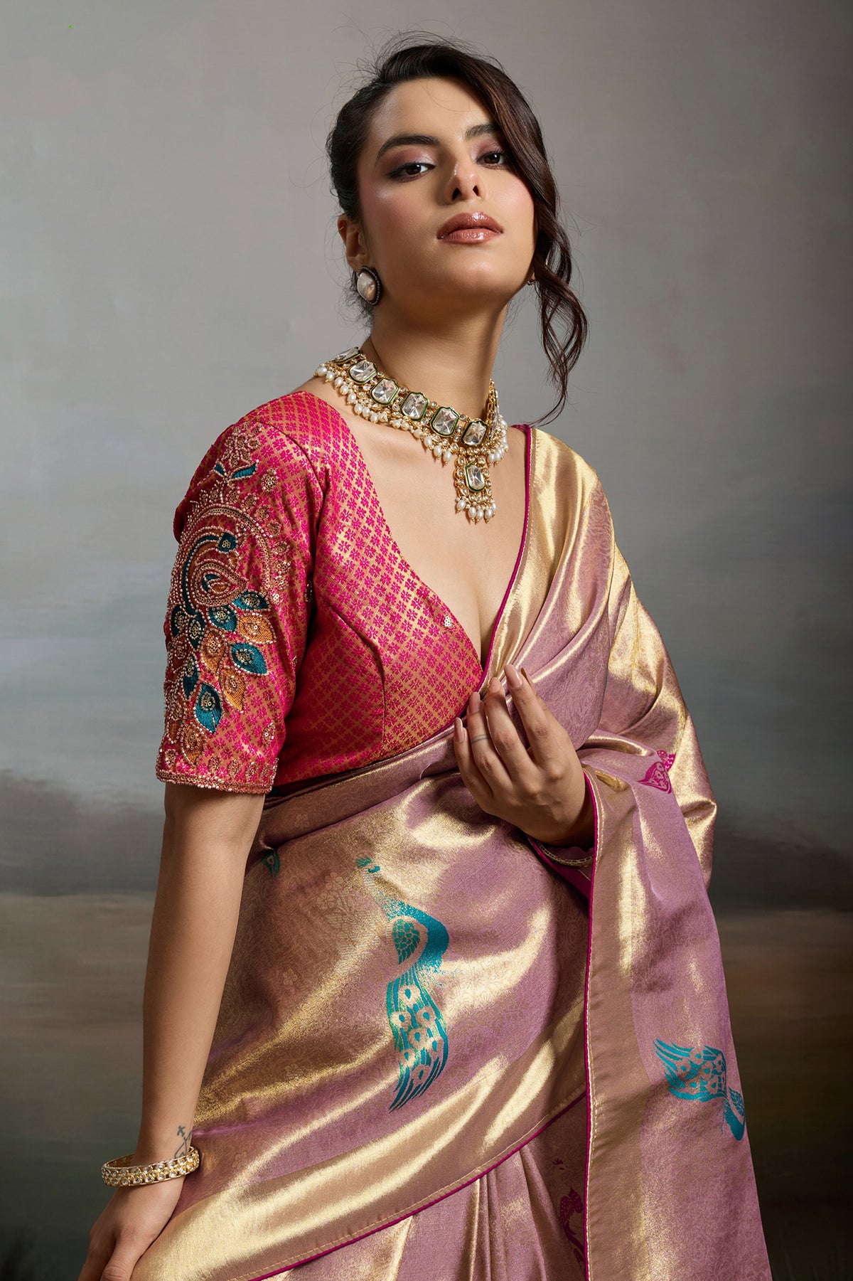Rose Gold Metallic Woven Banarasi Saree-SAR12929_2_SareeButa.com
