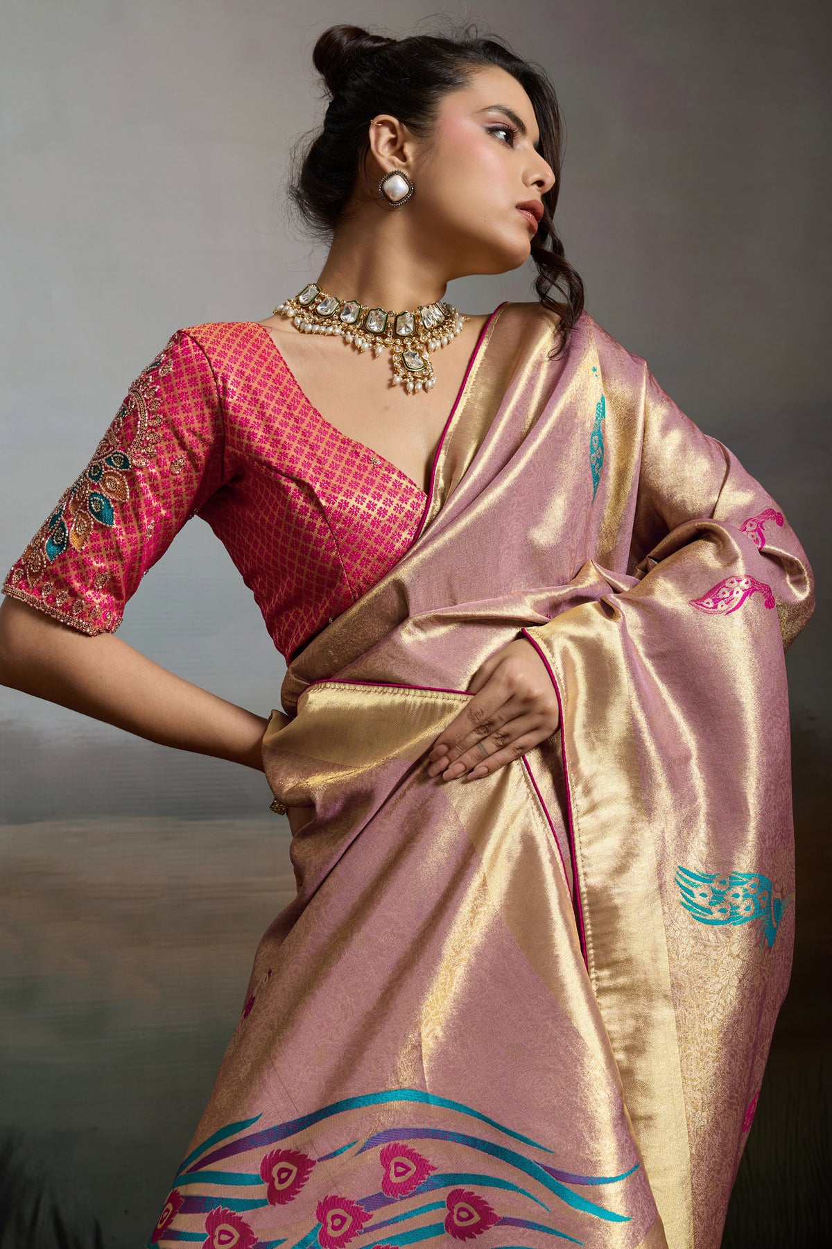 Rose Gold Metallic Woven Banarasi Saree-SAR12929_3_SareeButa.com