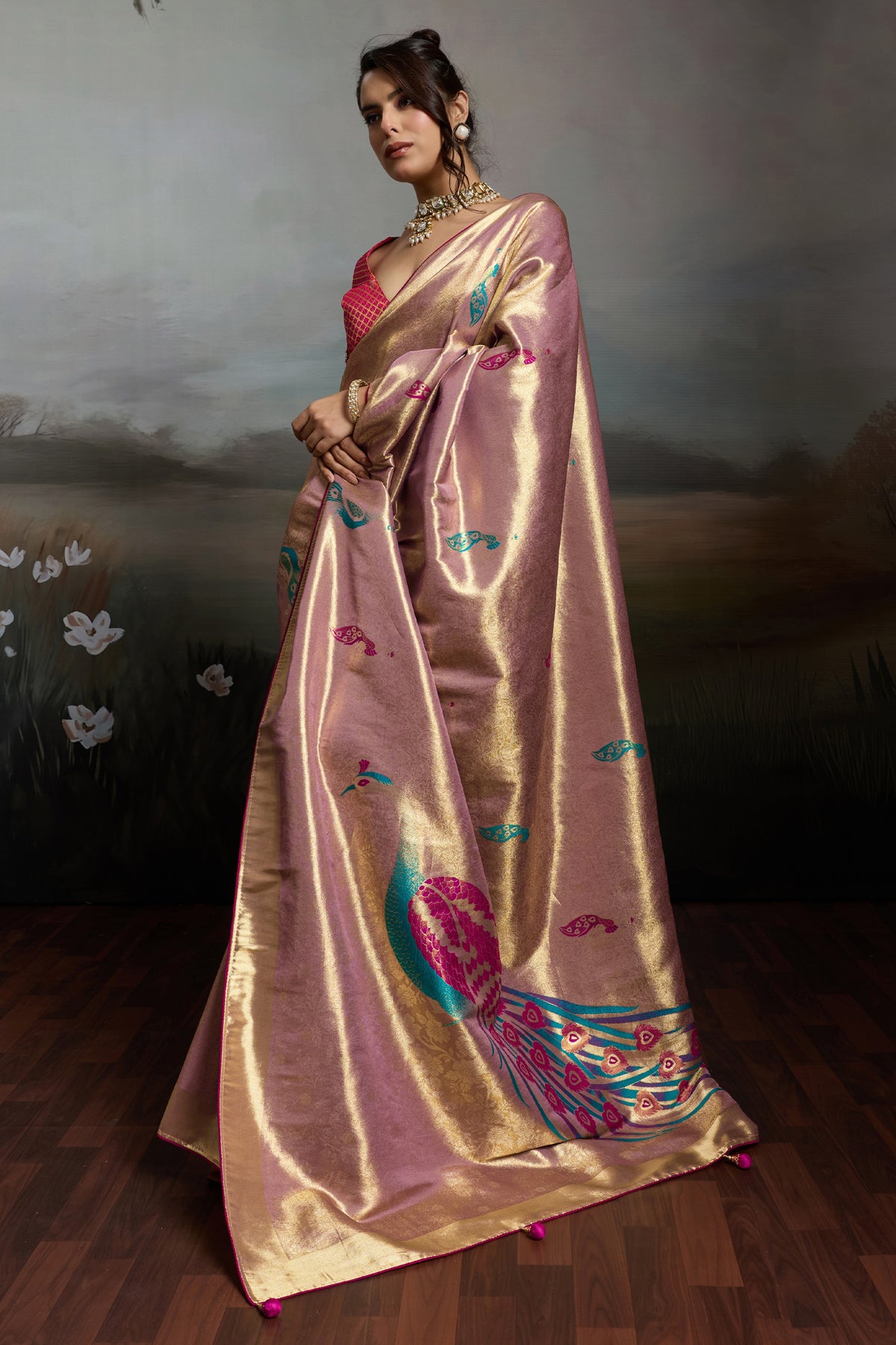 Rose Gold Metallic Woven Banarasi Saree-SAR12929_4_SareeButa.com