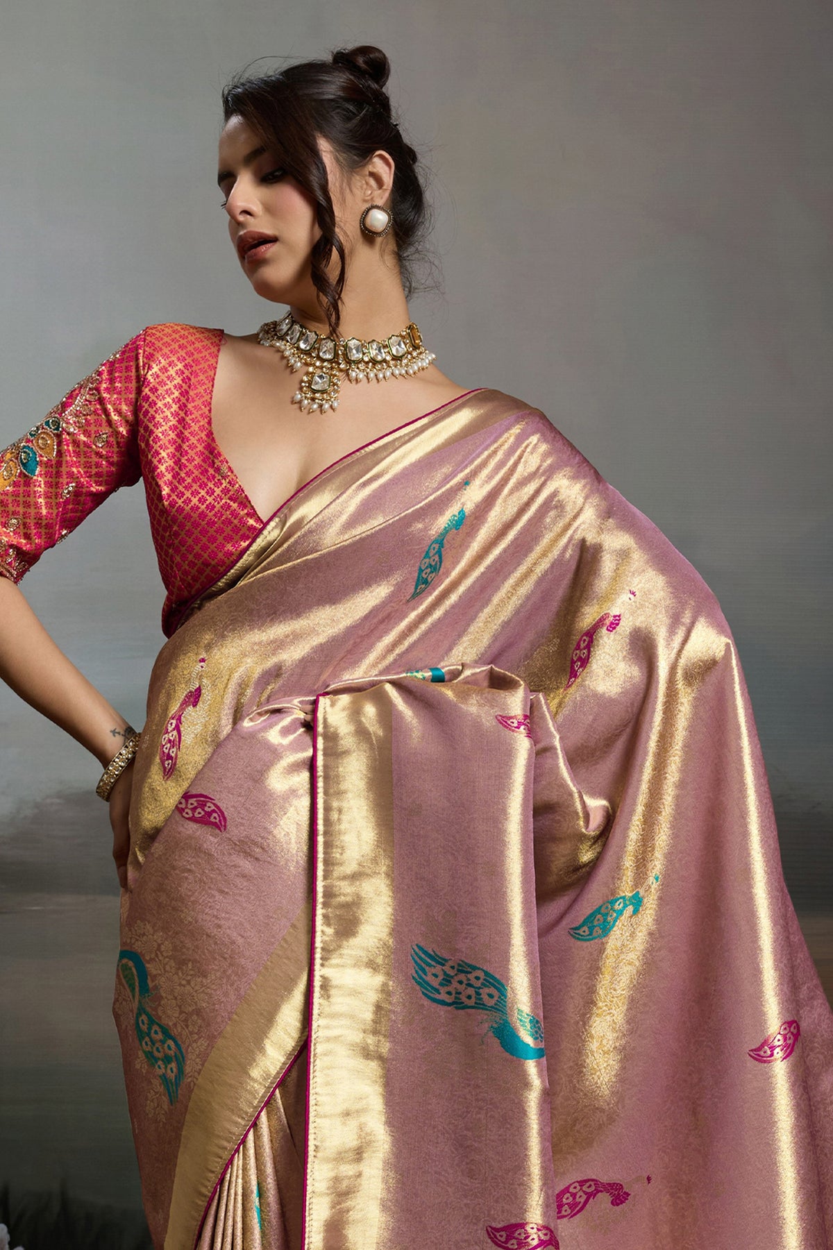 Rose Gold Metallic Woven Banarasi Saree-SAR12929_5_SareeButa.com