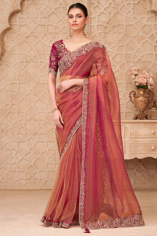 Rose Gold Red Embroidered Georgette Silk Saree-SAR10597_1_SareeButa.com