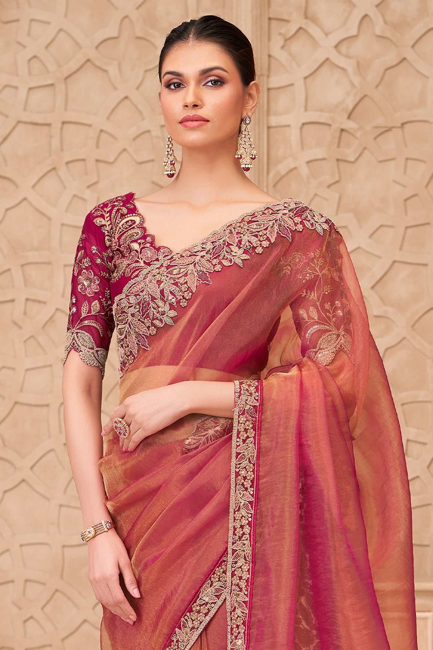 Rose Gold Red Embroidered Georgette Silk Saree-SAR10597_3_SareeButa.com