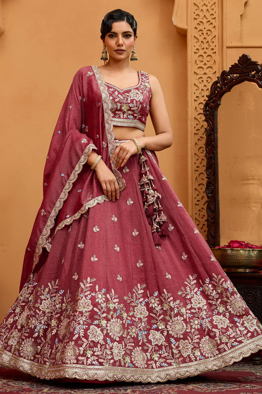 Rose Gold Semi-Stitched Embroidered Tissue Lehenga-SAR10690_1_SareeButa.com