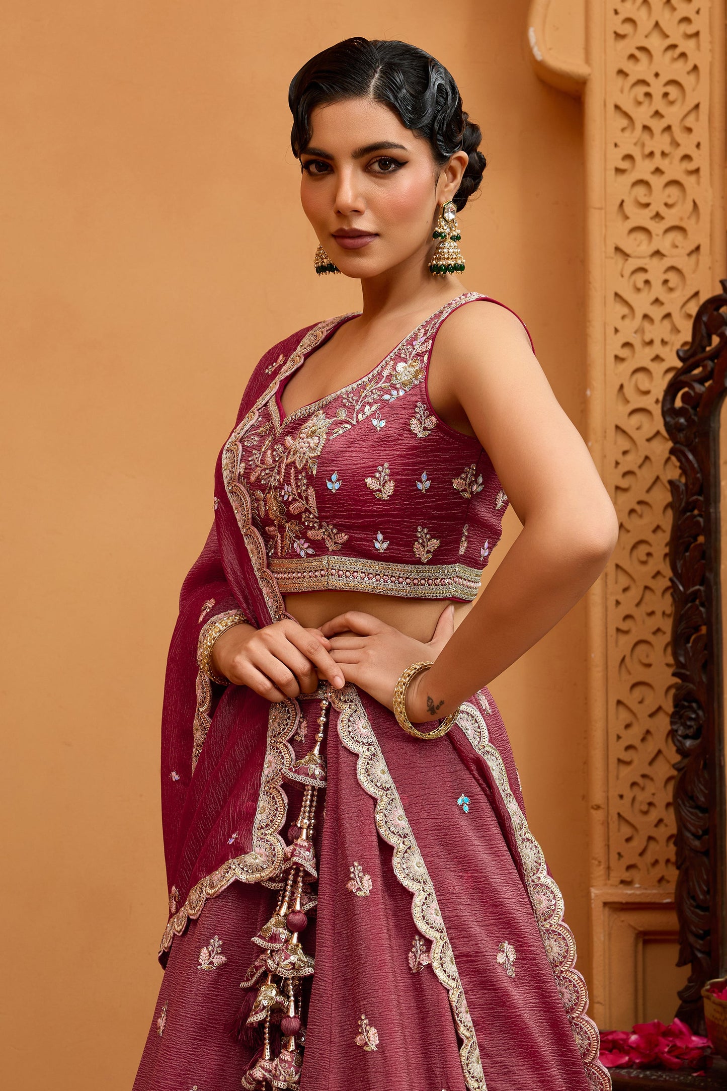 Rose Gold Semi-Stitched Embroidered Tissue Lehenga-SAR10690_2_SareeButa.com