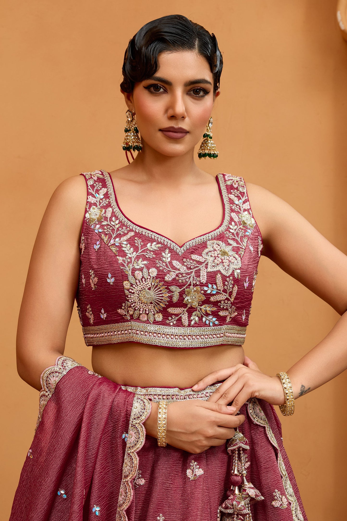 Rose Gold Semi-Stitched Embroidered Tissue Lehenga-SAR10690_3_SareeButa.com