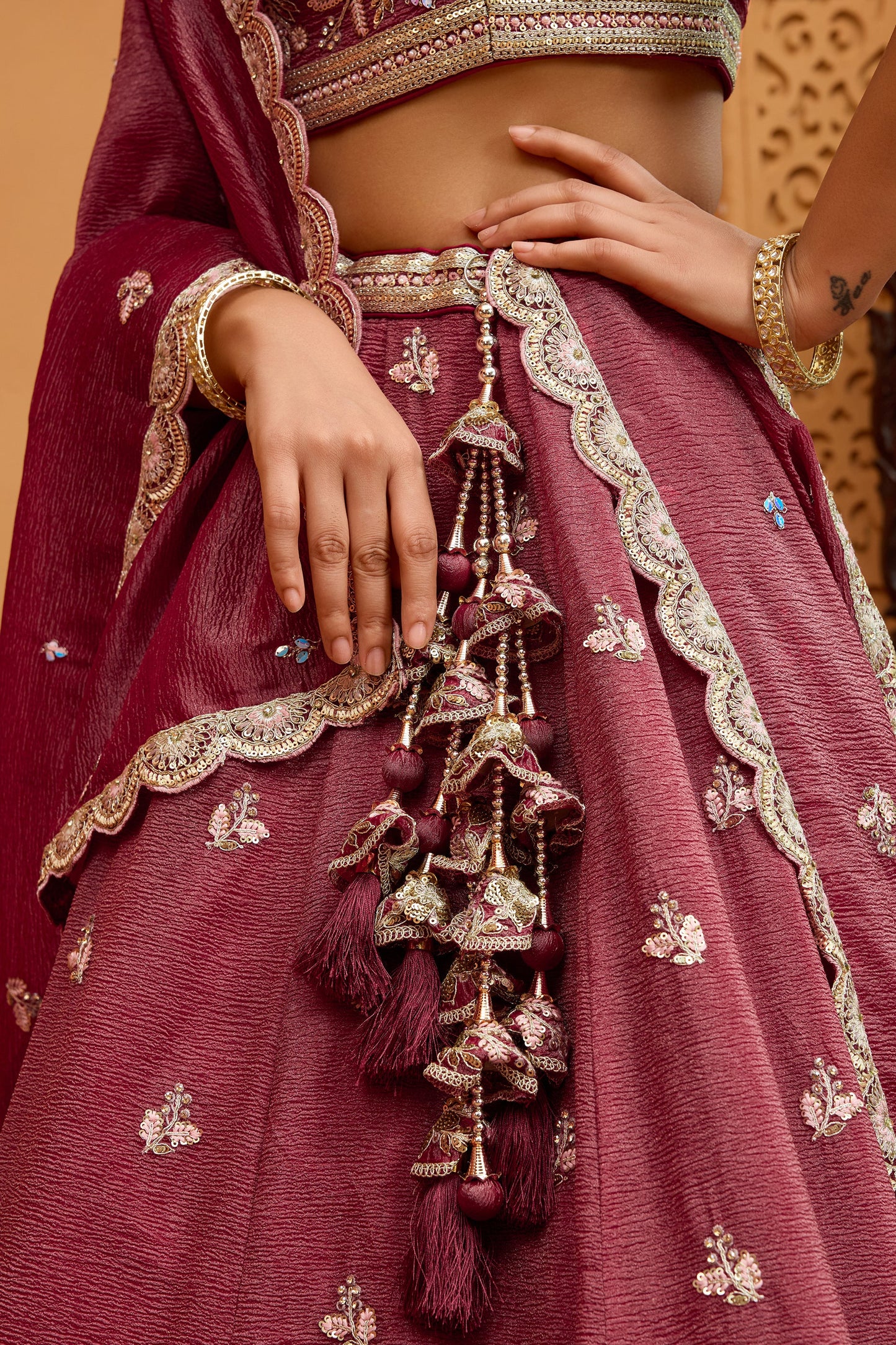 Rose Gold Semi-Stitched Embroidered Tissue Lehenga-SAR10690_4_SareeButa.com