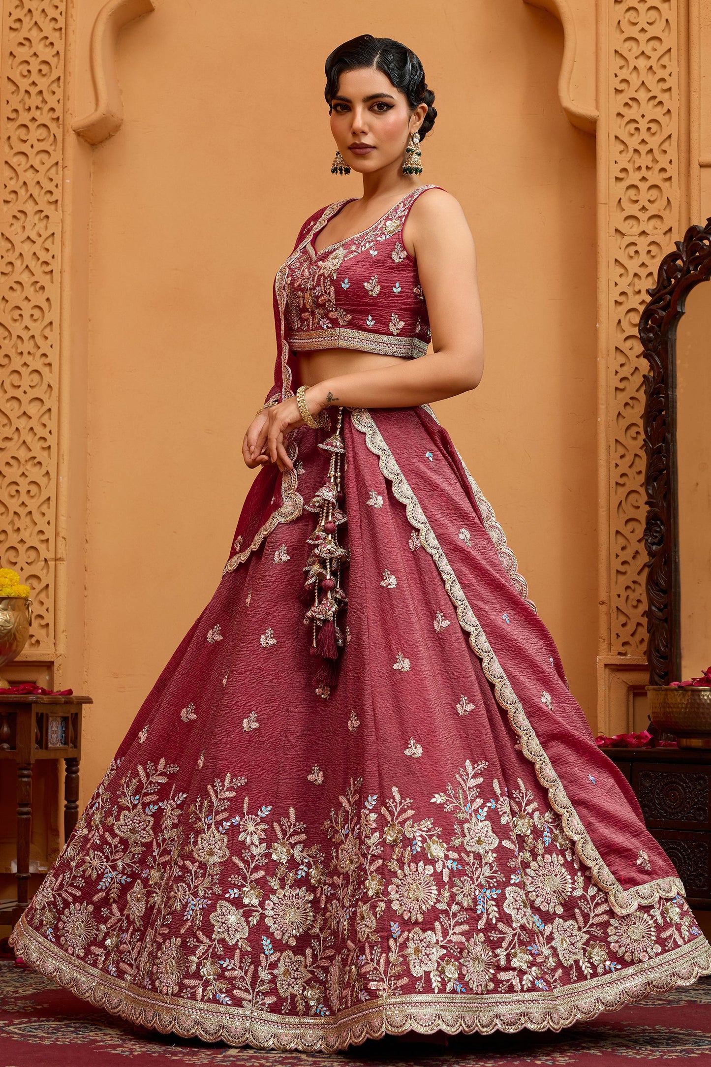 Rose Gold Semi-Stitched Embroidered Tissue Lehenga-SAR10690_5_SareeButa.com