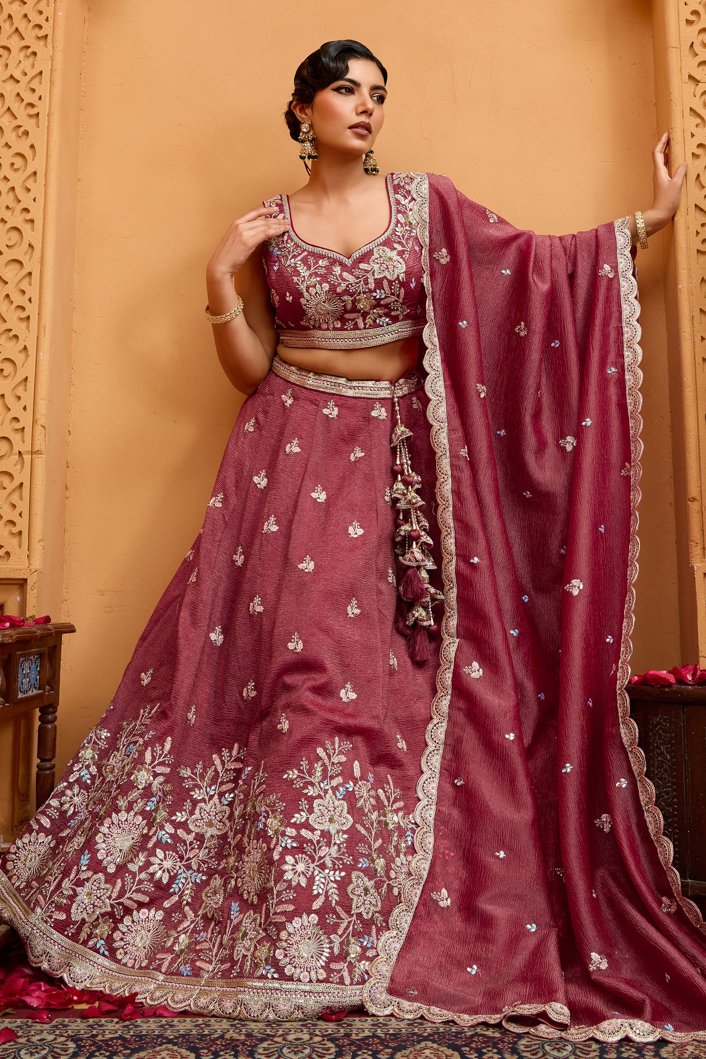 Rose Gold Semi-Stitched Embroidered Tissue Lehenga