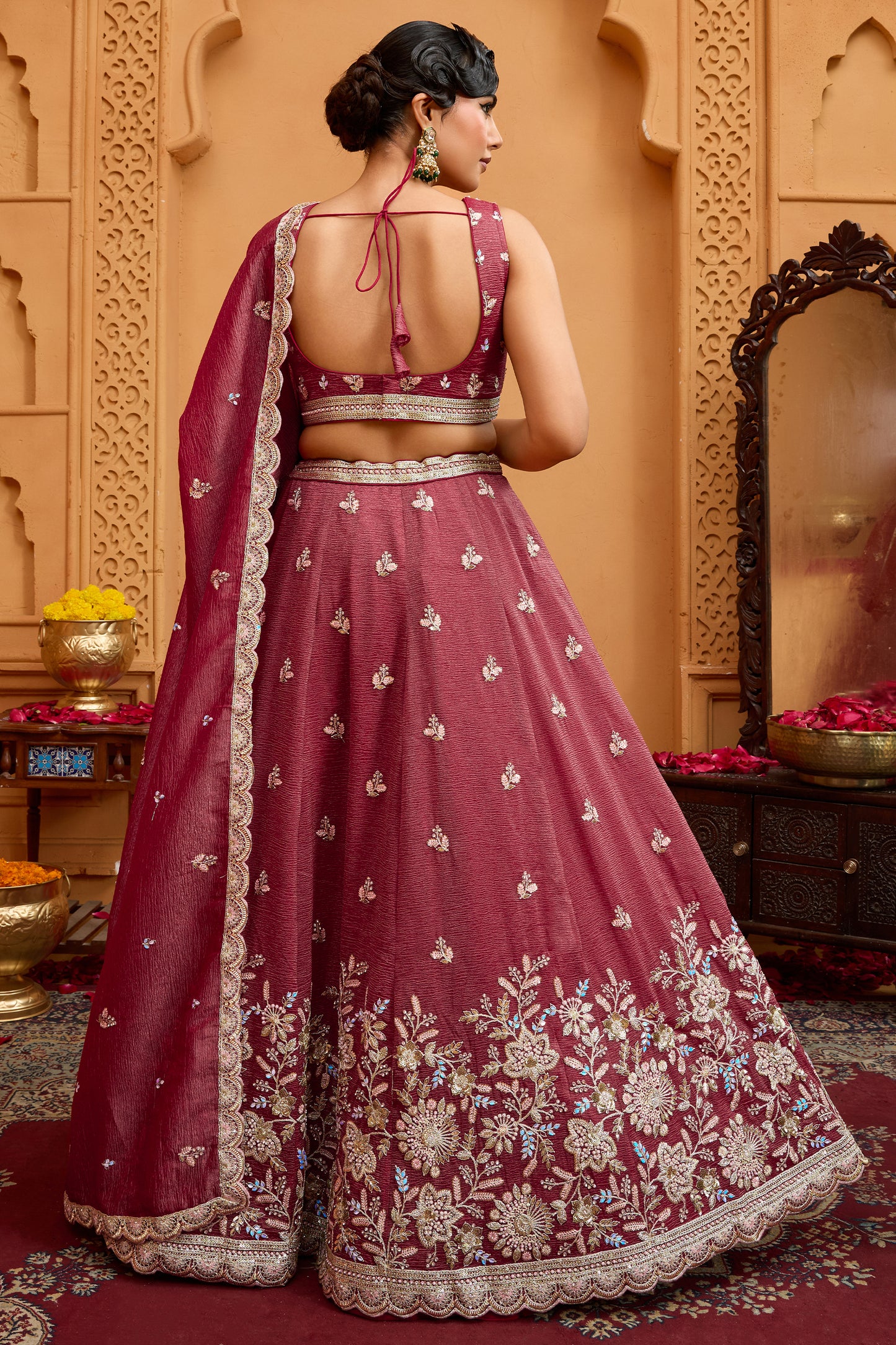 Rose Gold Semi-Stitched Embroidered Tissue Lehenga
