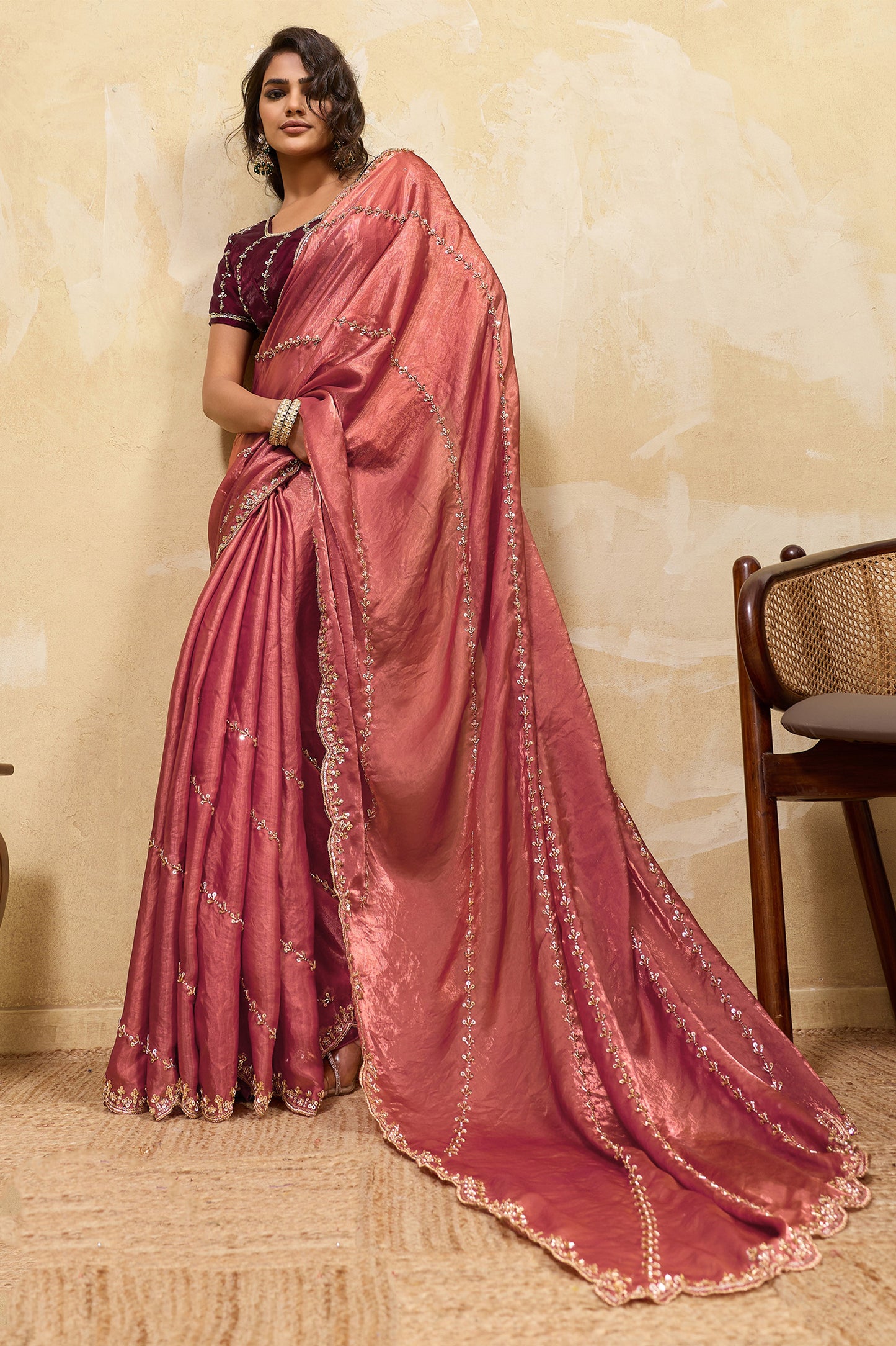 Rose Pink Embroidered Metallic Satin Saree-SAR12529_1_SareeButa.com