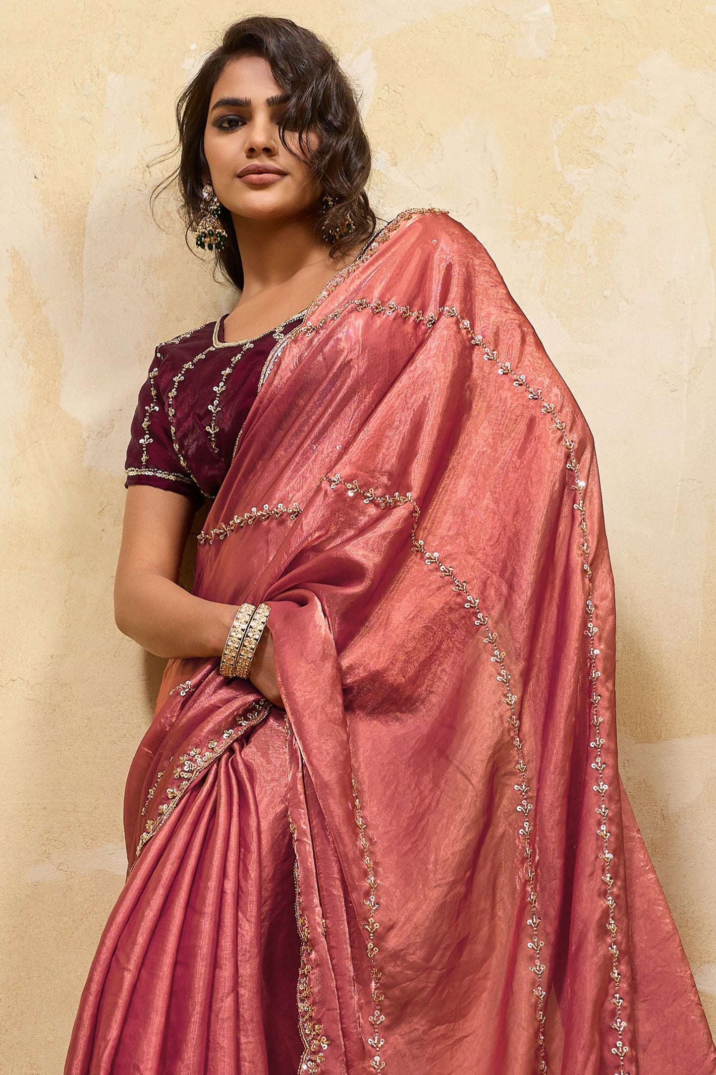 Rose Pink Embroidered Metallic Satin Saree-SAR12529_4_SareeButa.com