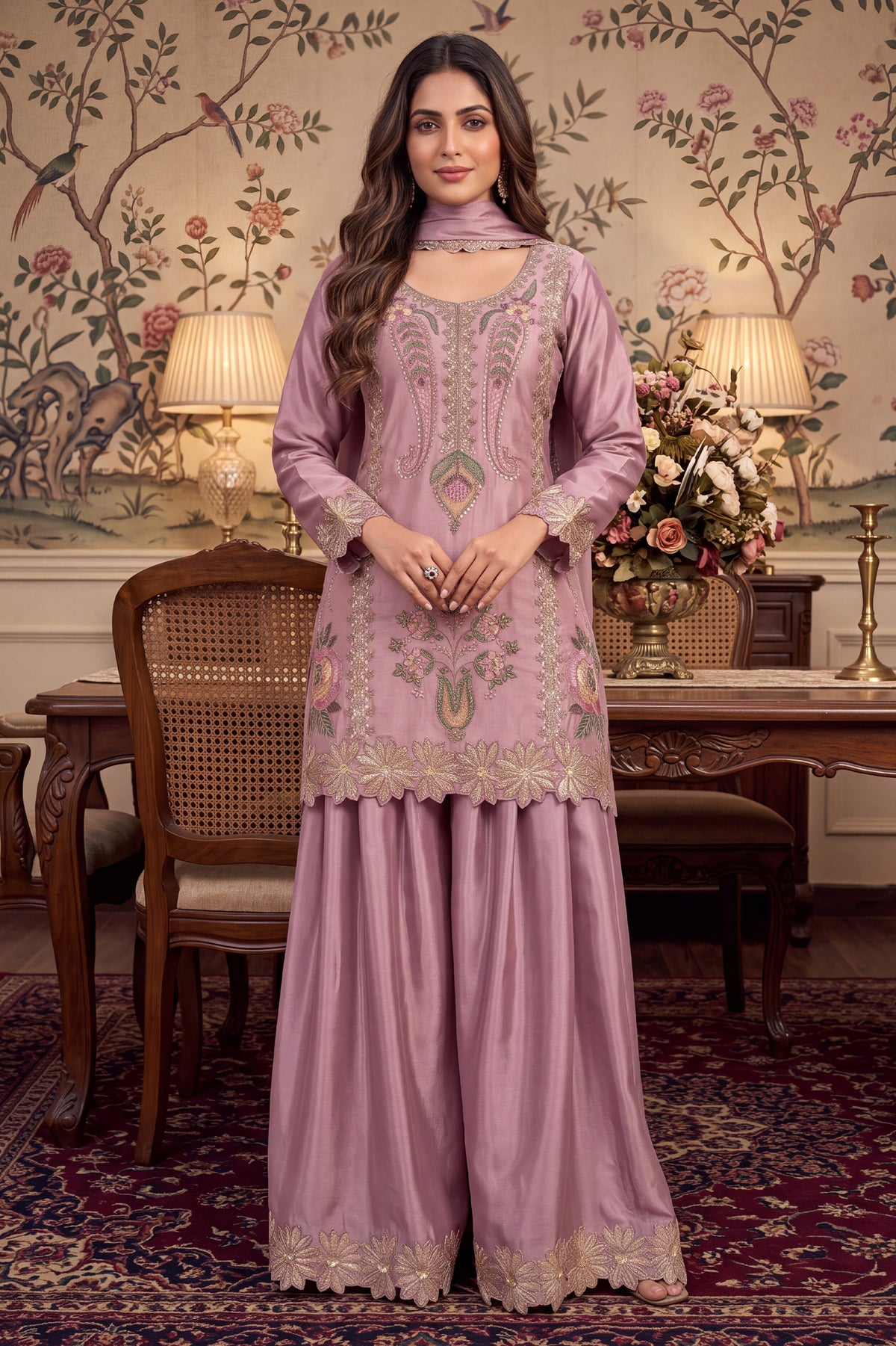 Rose Pink Readymade Bead Work Chinon Palazzo Suit-SAR13564_1_SareeButa.com