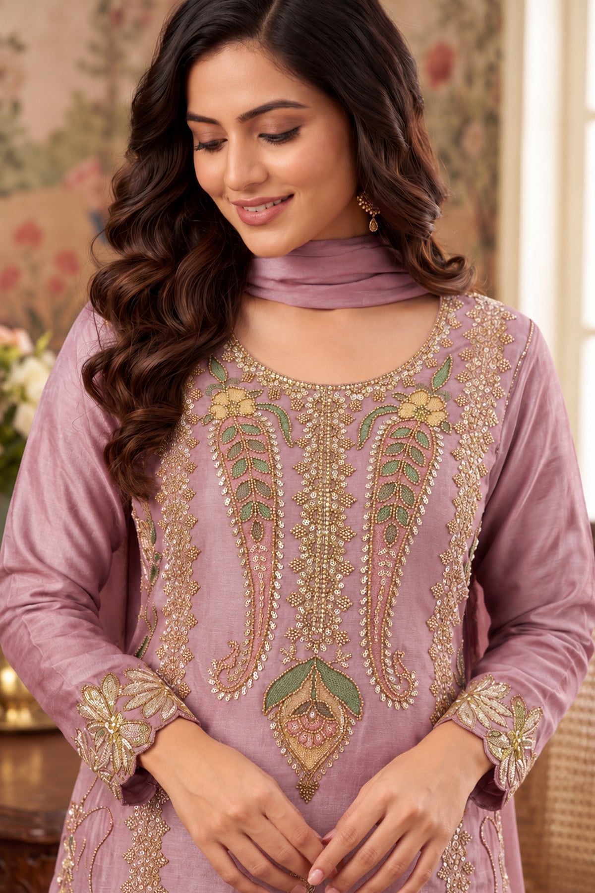 Rose Pink Readymade Bead Work Chinon Palazzo Suit-SAR13564_2_SareeButa.com