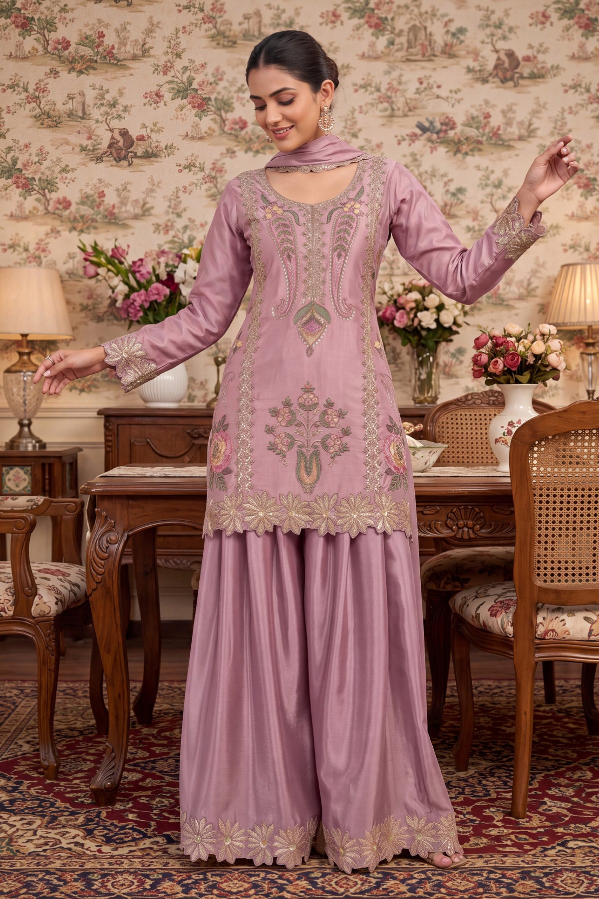 Rose Pink Readymade Bead Work Chinon Palazzo Suit-SAR13564_4_SareeButa.com