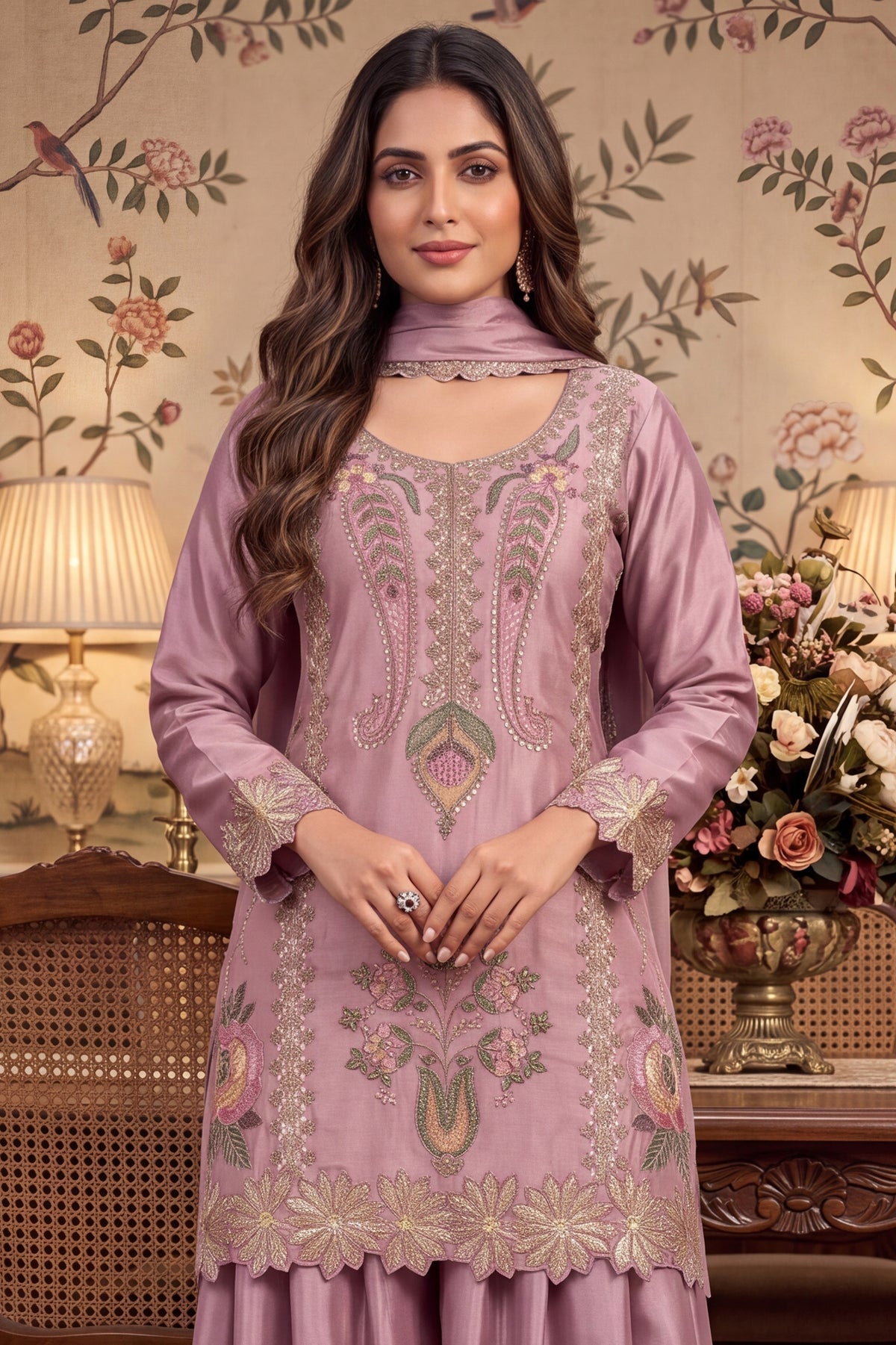 Rose Pink Readymade Bead Work Chinon Palazzo Suit-SAR13564_5_SareeButa.com