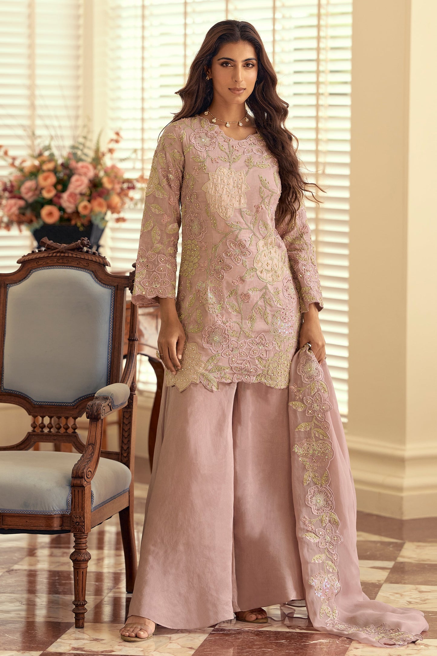 Rose Pink Readymade Bead Work Silk Suit-SAR12050_1_SareeButa.com