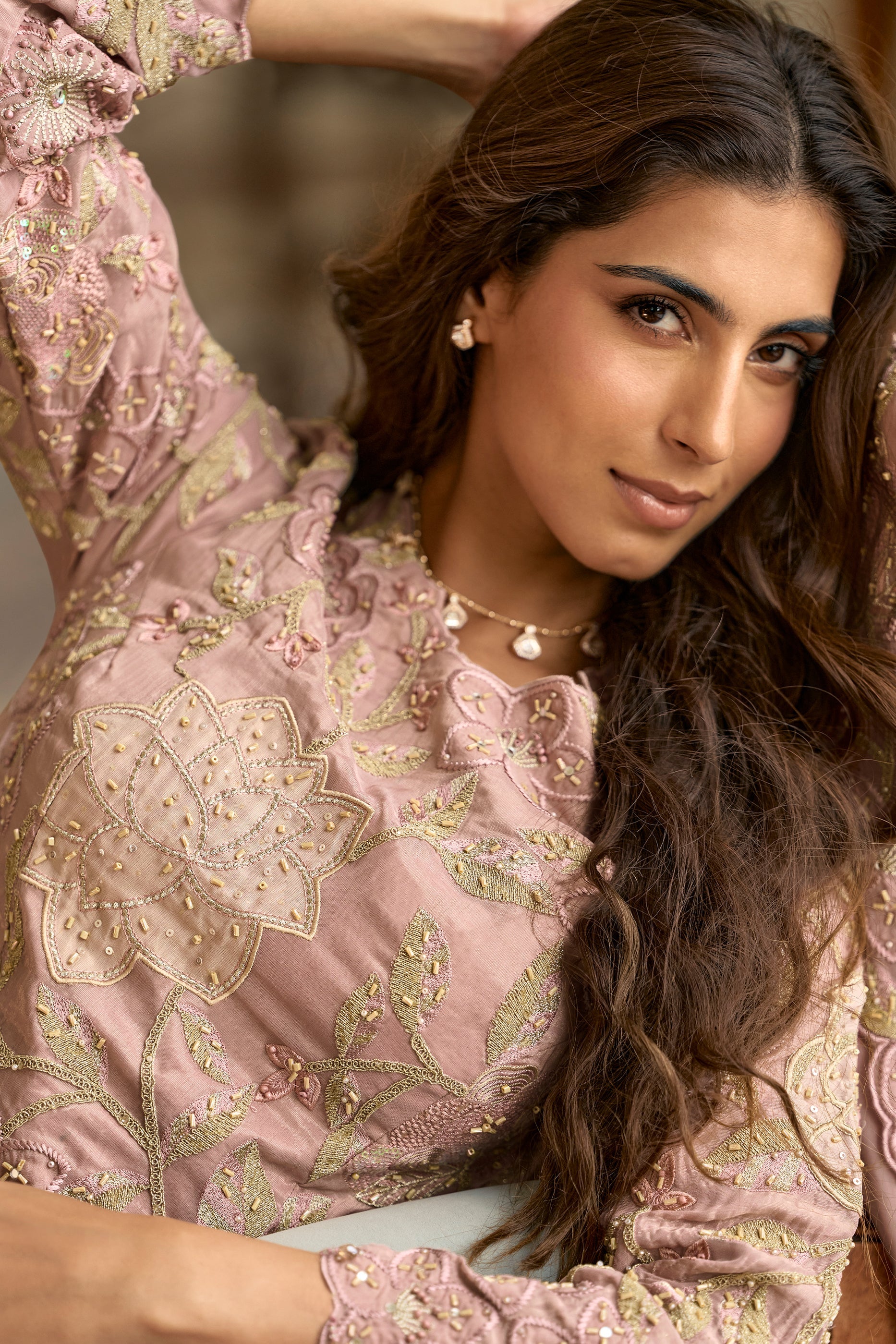 Rose Pink Readymade Bead Work Silk Suit-SAR12050_2_SareeButa.com