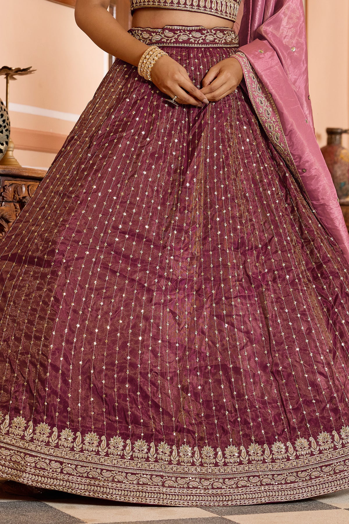 Rose Pink Readymade Embroidered Tissue Silk Lehenga-SAR12860_7_SareeButa.com