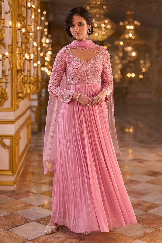 Rose Pink Readymade Georgette Gown With Dupatta-SAR13242_1_SareeButa.com