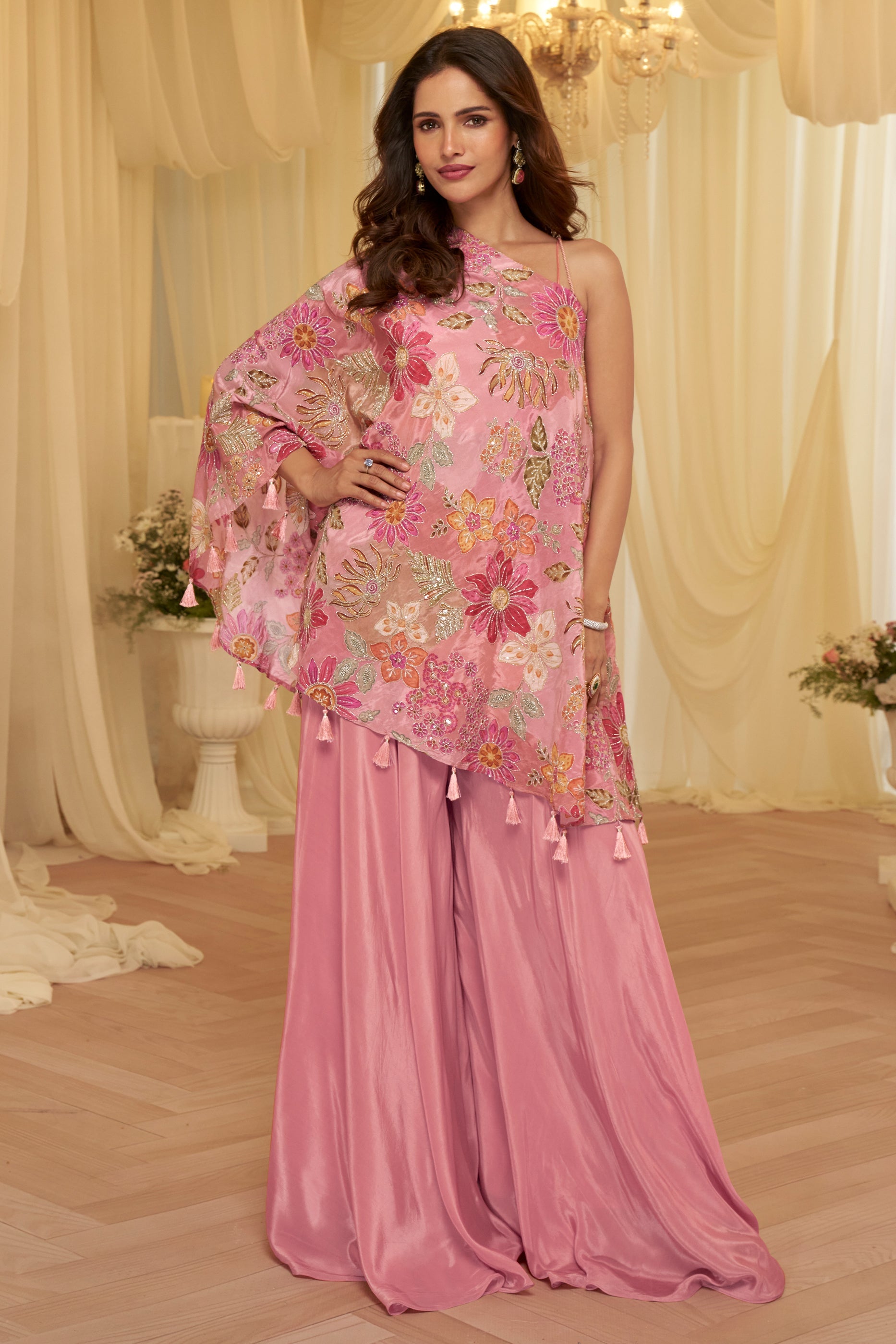 Rose Pink Readymade One Shoulder Palazzo Set-SAR12061_1_SareeButa.com