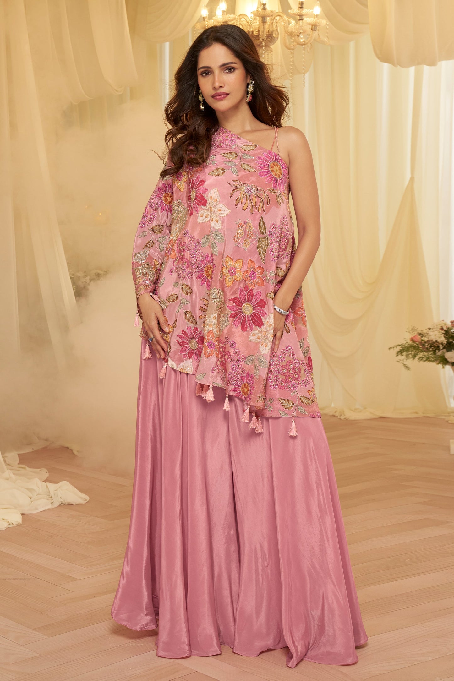 Rose Pink Readymade One Shoulder Palazzo Set-SAR12061_3_SareeButa.com