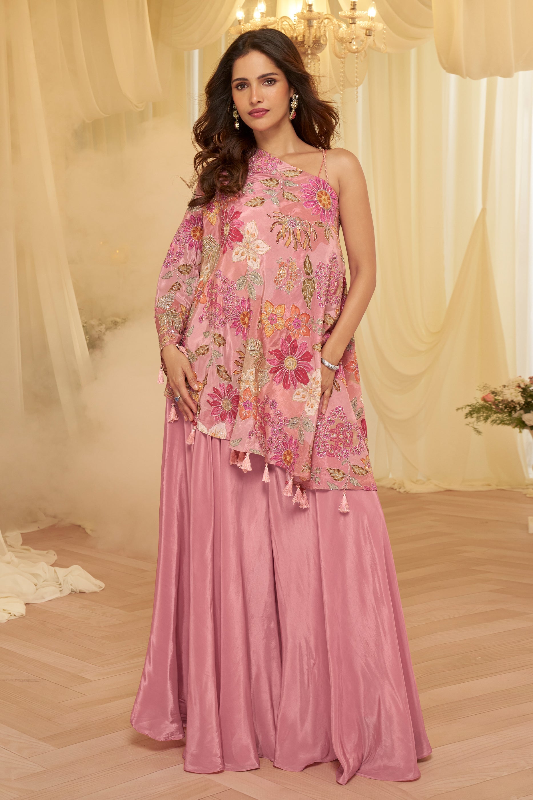 Rose Pink Readymade One Shoulder Palazzo Set-SAR12061_3_SareeButa.com