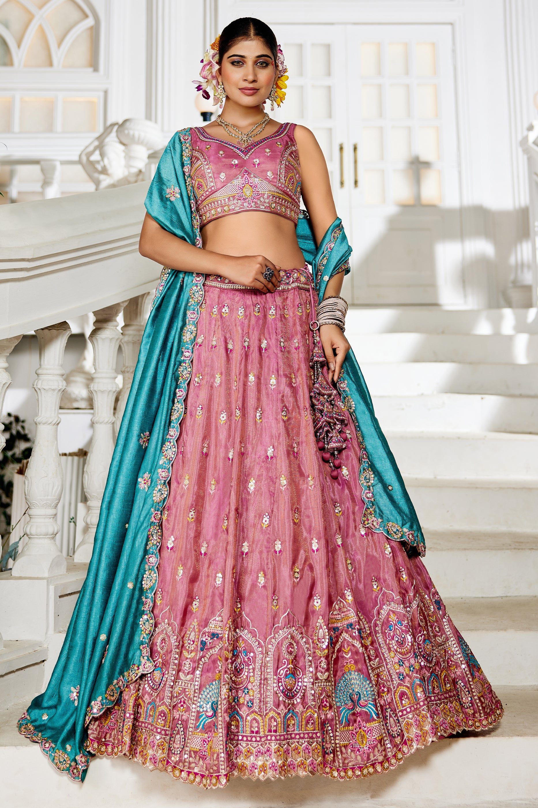 Rose Pink Readymade Embroidered Tissue Silk Lehenga-SAR10062_1_SareeButa.com