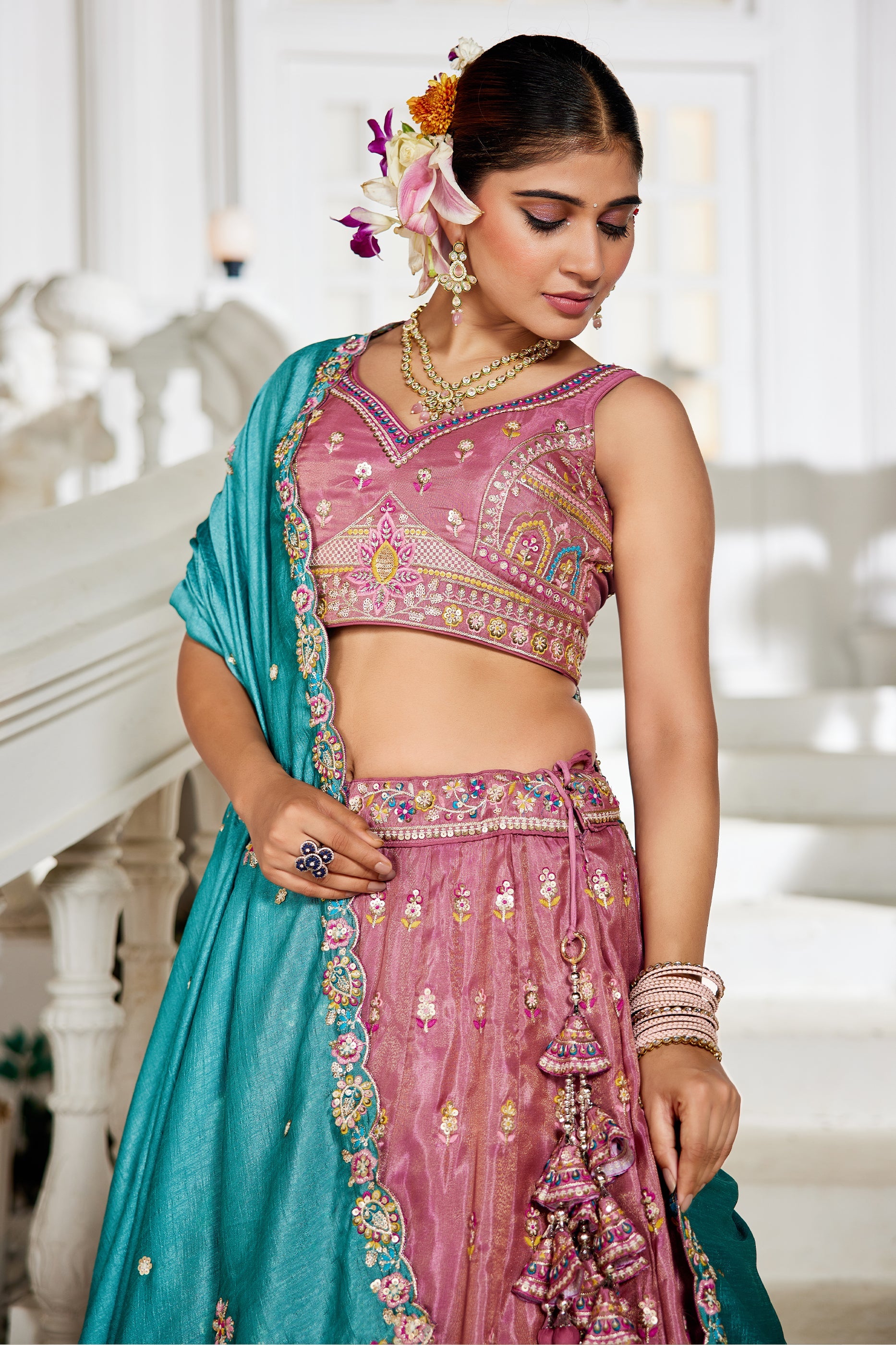 Rose Pink Readymade Embroidered Tissue Silk Lehenga-SAR10062_2_SareeButa.com