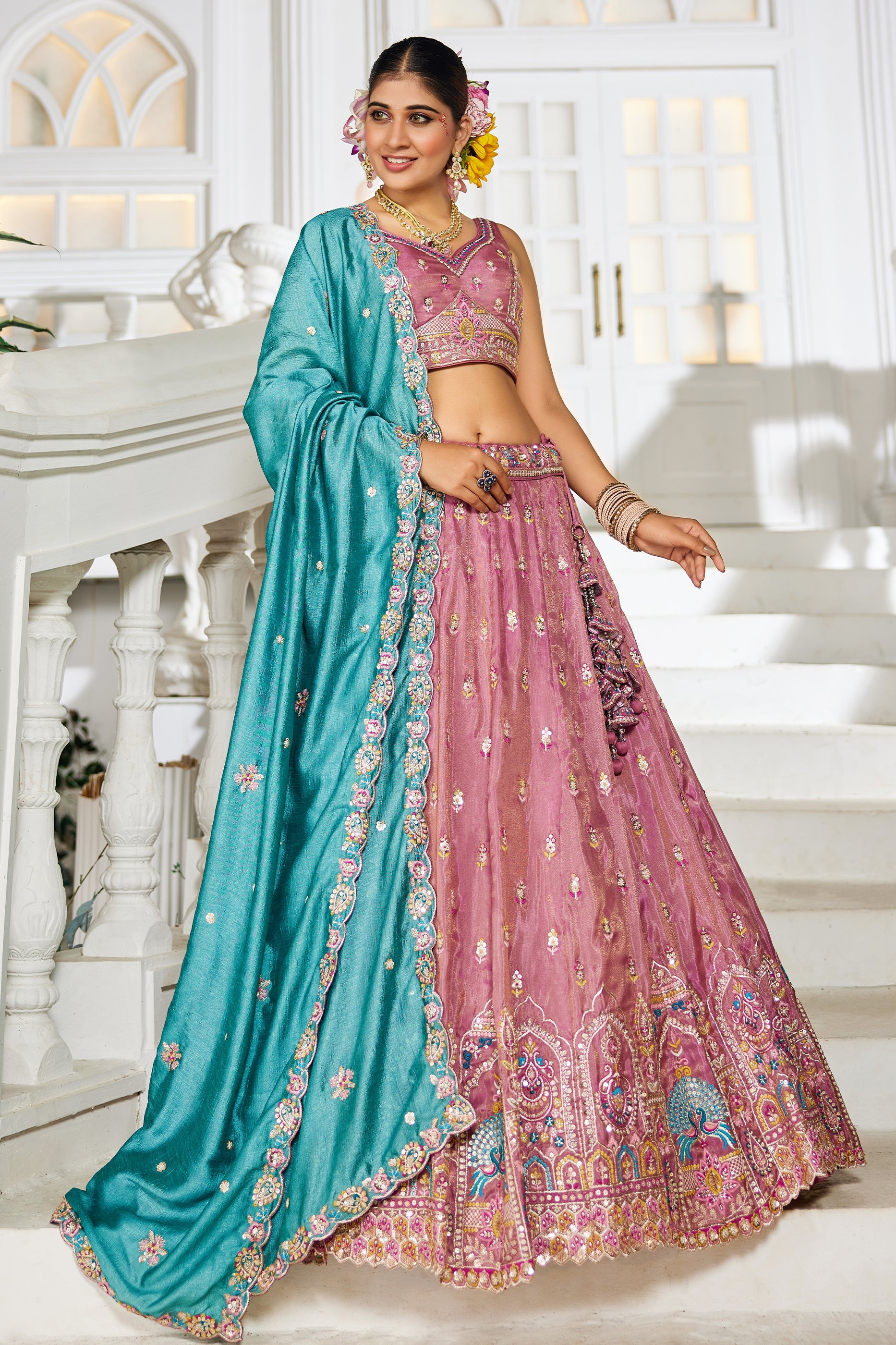 Rose Pink Readymade Embroidered Tissue Silk Lehenga-SAR10062_4_SareeButa.com