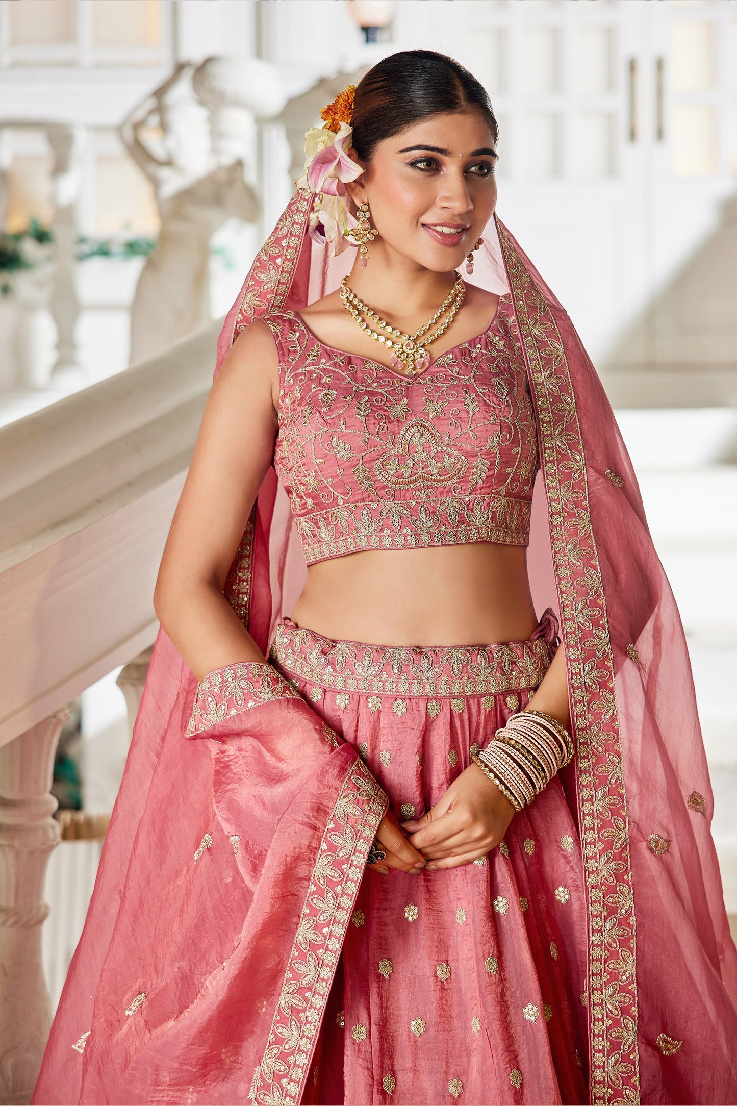 Rose Pink Readymade Embroidered Tissue Silk Lehenga-SAR10069_2_SareeButa.com