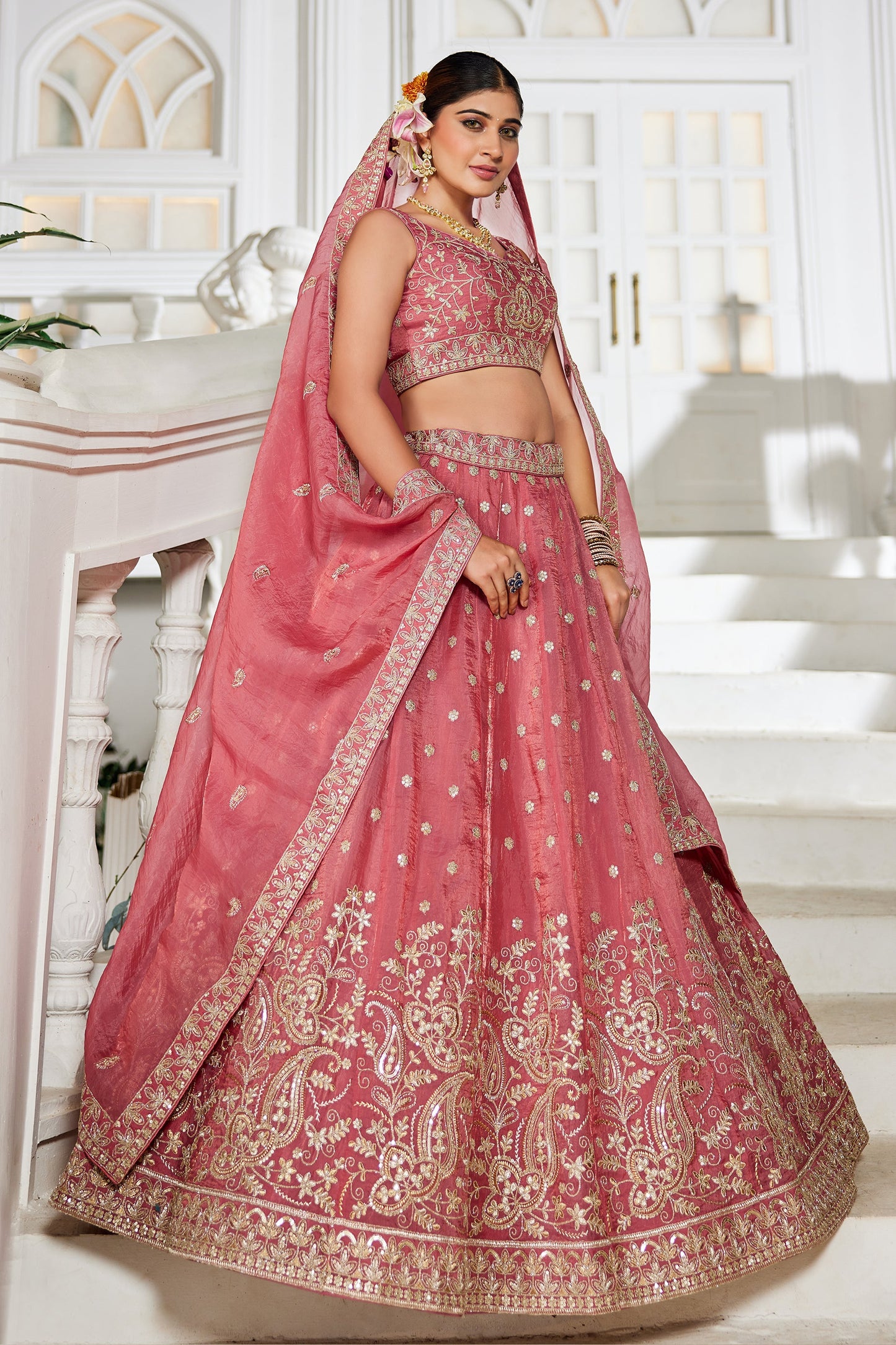 Rose Pink Readymade Embroidered Tissue Silk Lehenga-SAR10069_3_SareeButa.com