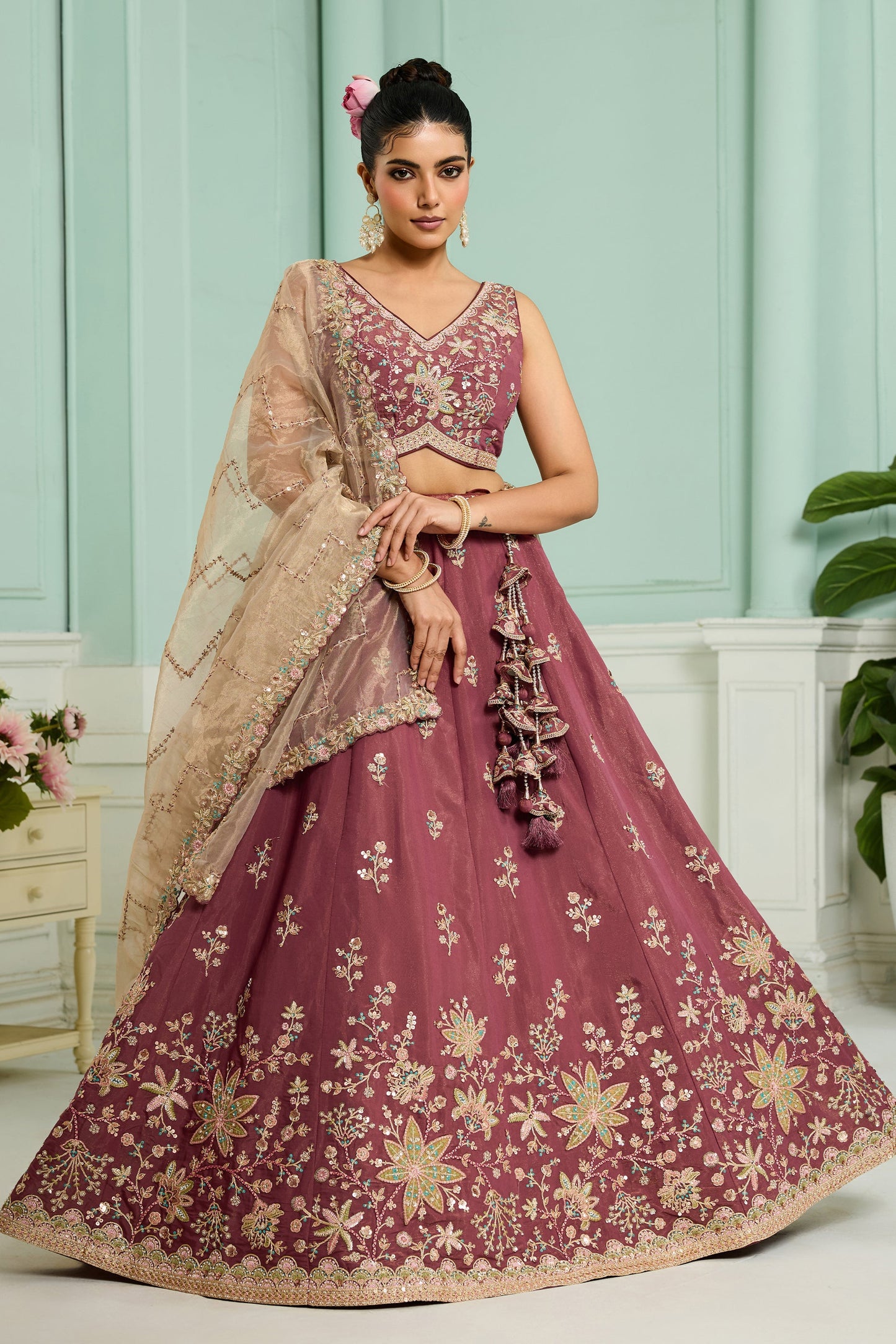 Rosegold Semi-Stitched Embroidered Georgette Lehenga-SAR10697_1_SareeButa.com
