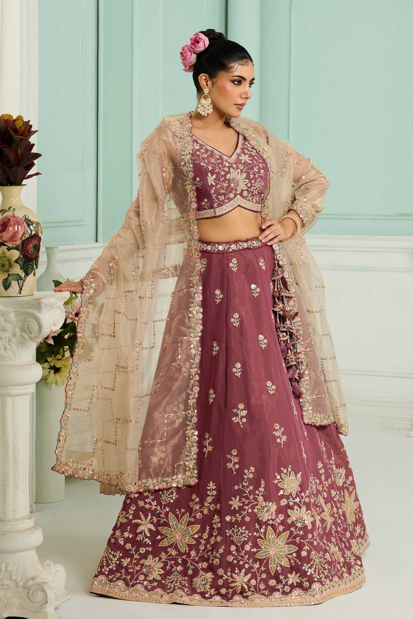 Rosegold Semi-Stitched Embroidered Georgette Lehenga