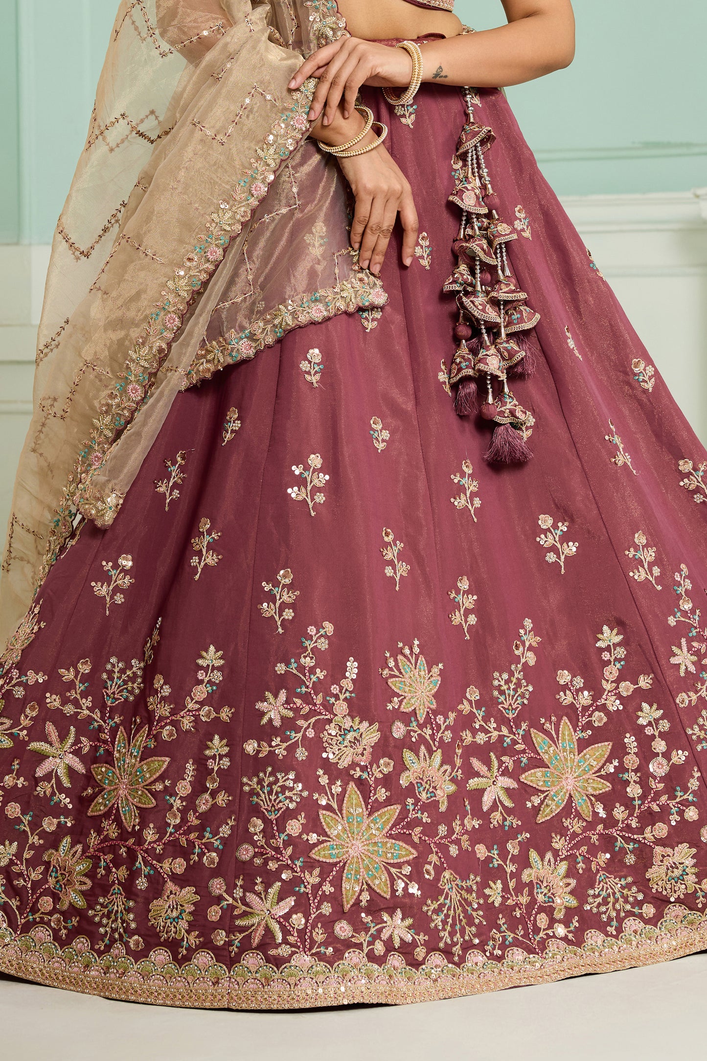 Rosegold Semi-Stitched Embroidered Georgette Lehenga
