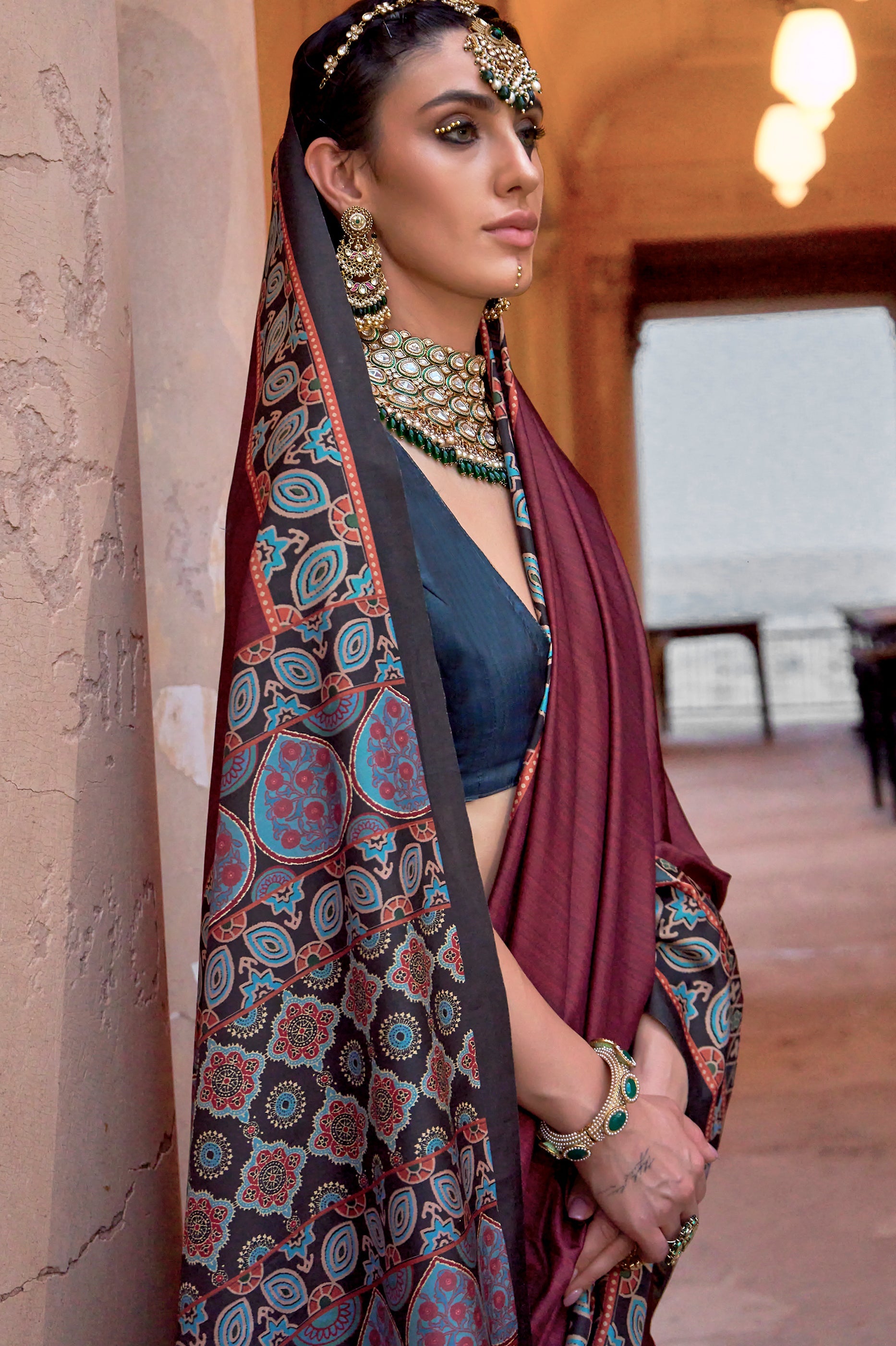 Rosewood Pink Printed Viscose Saree-SAR10149_2_SareeButa.com
