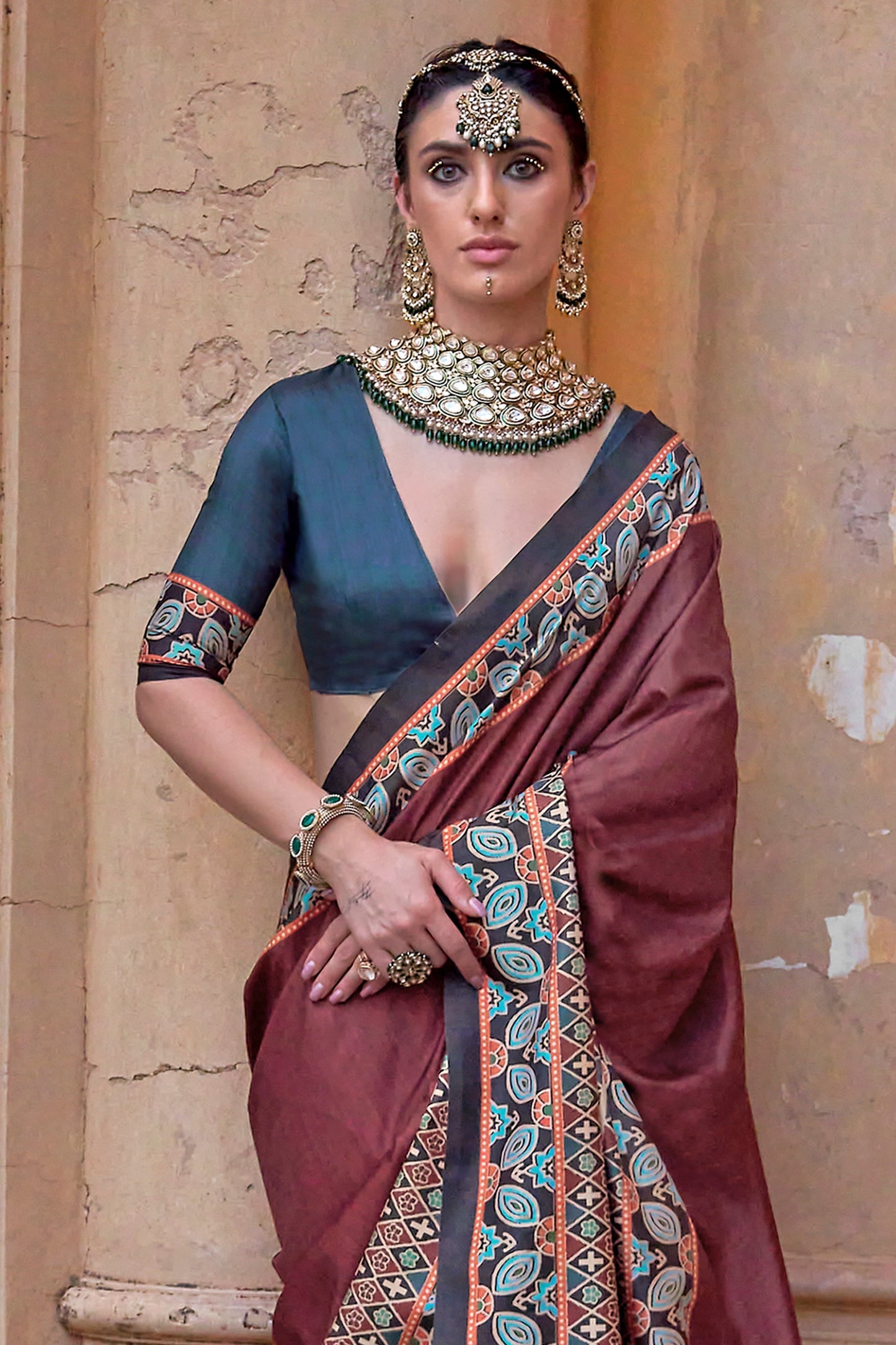Rosewood Pink Printed Viscose Saree-SAR10149_3_SareeButa.com