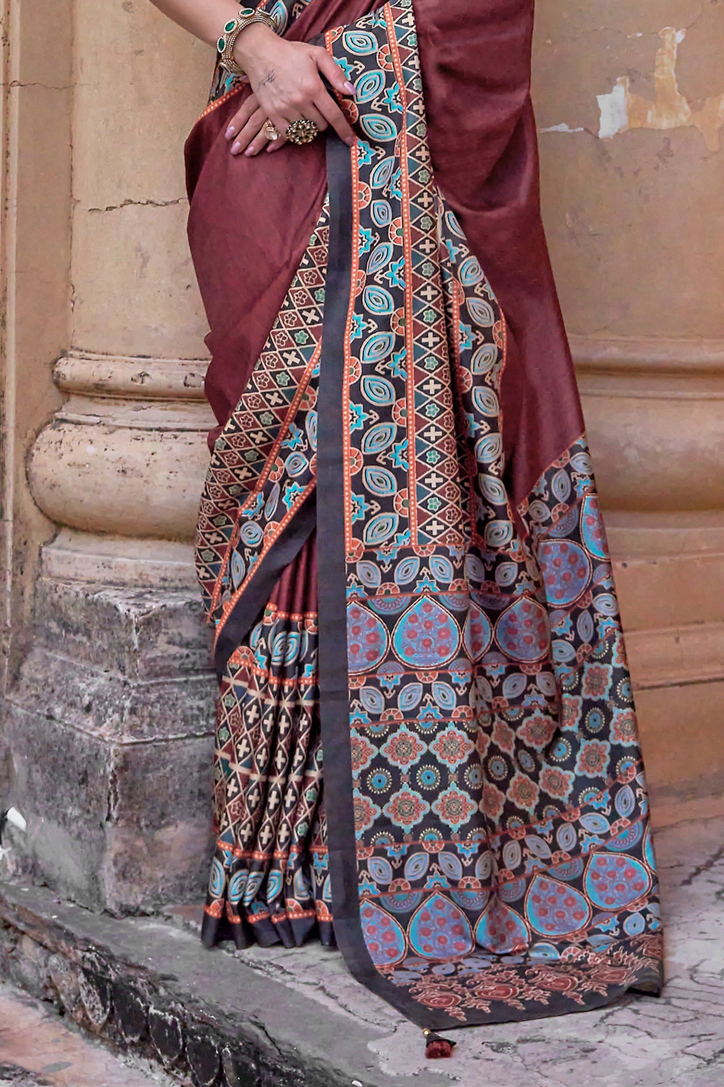 Rosewood Pink Printed Viscose Saree-SAR10149_4_SareeButa.com