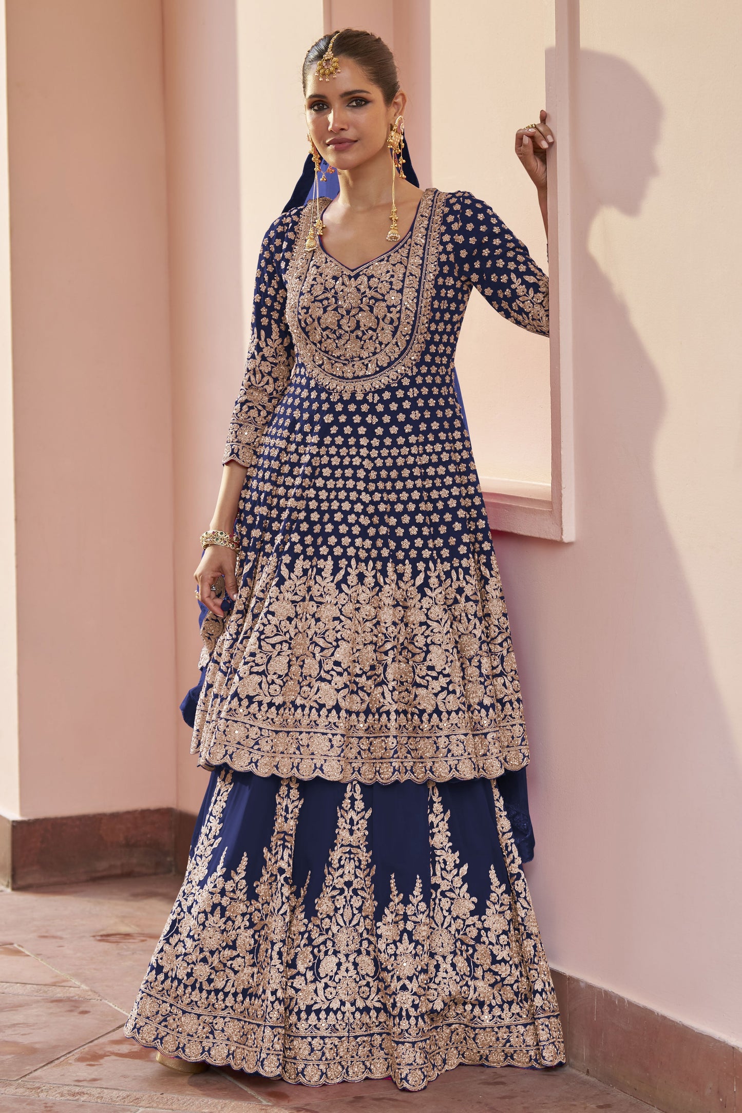 Royal Blue Readymade Heavy Work Georgette Skirt Suit-SS1013_1_SareeButa.com