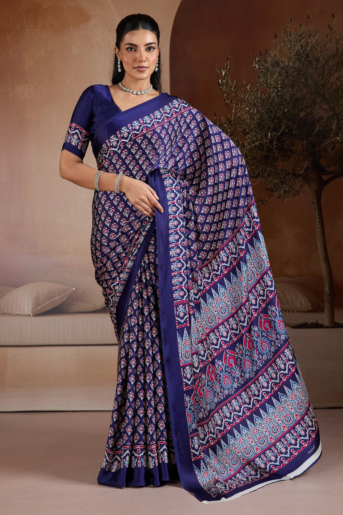Royal Blue Ajrakh Print Satin Saree-SAR11896_1_SareeButa.com