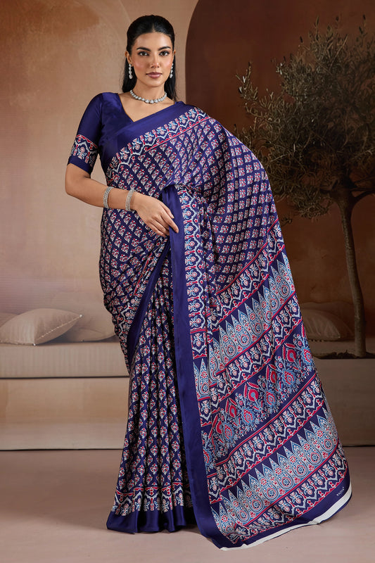 Royal Blue Ajrakh Print Satin Saree-SAR11896_1_SareeButa.com